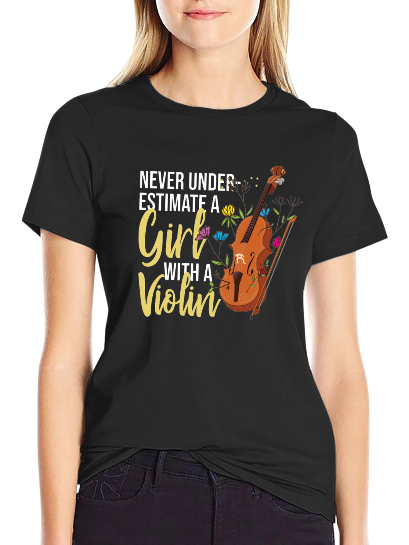 Black Never Underestimate A Girl With a Violin Graphic T-Shirt view 2