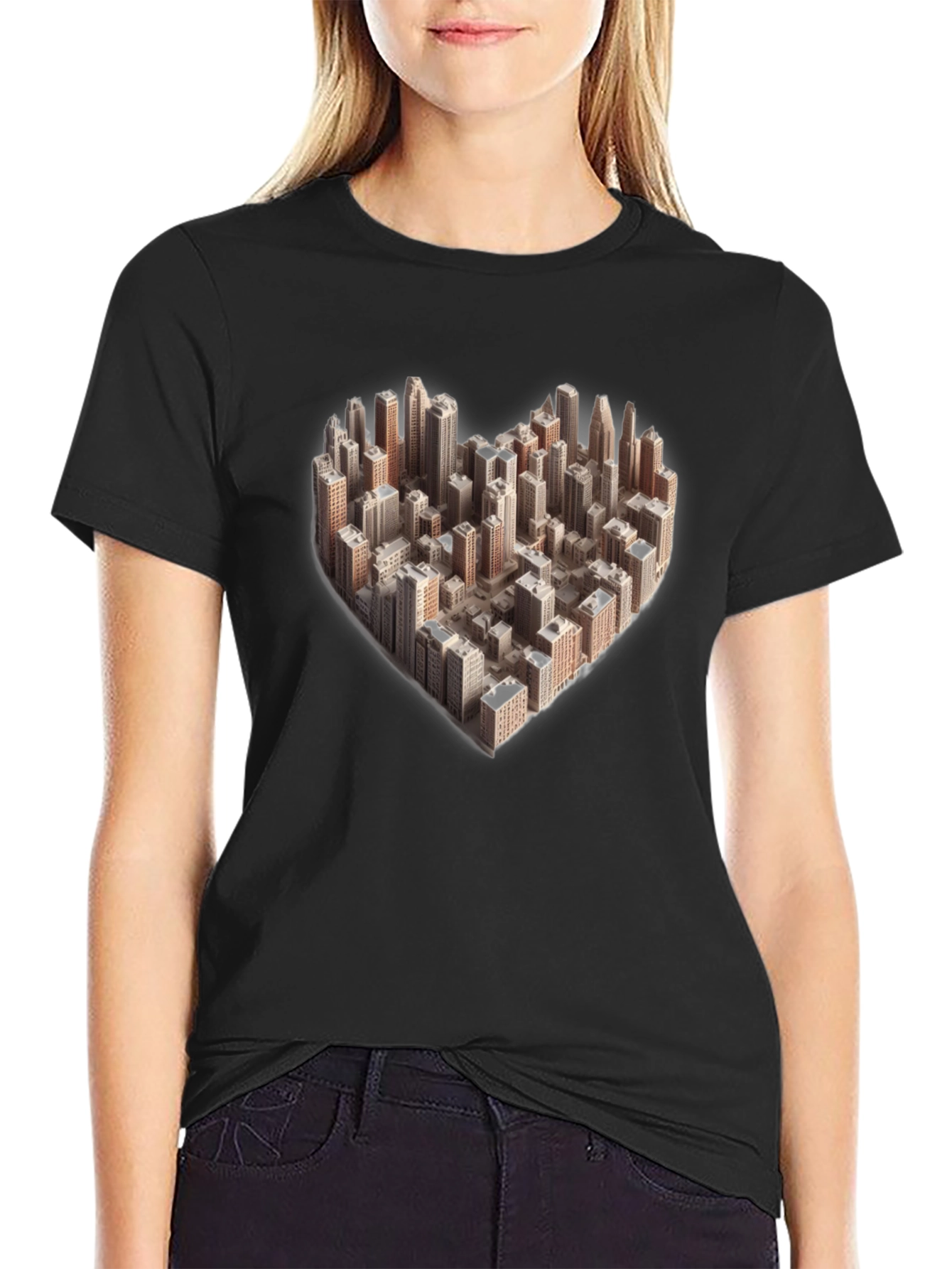Black Heart Shaped Cityscape Graphic Tee - Urban Love T-Shirt view 2