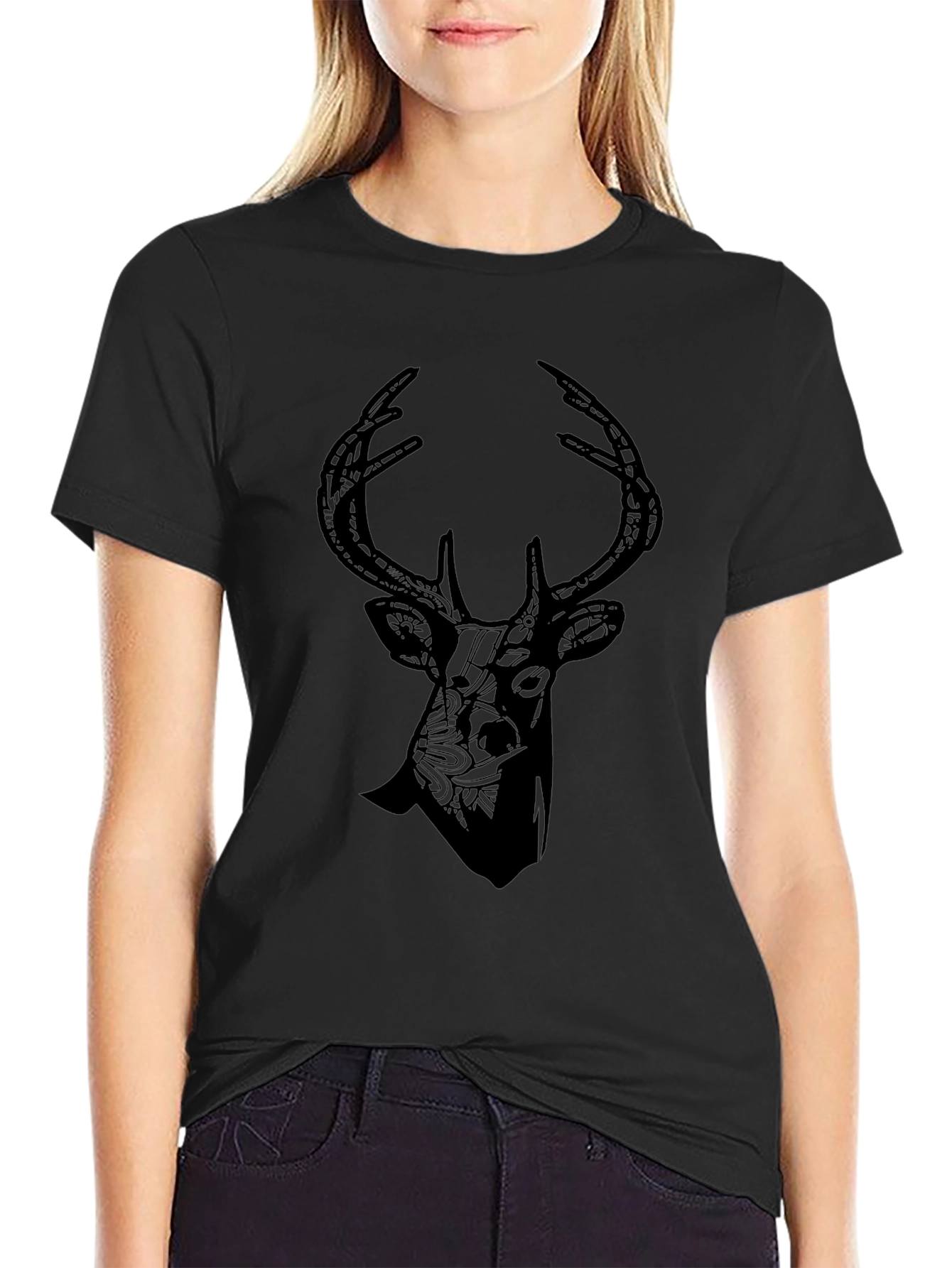 Black Deer Graphic Print Tee - Stylish Black T-Shirt view 2