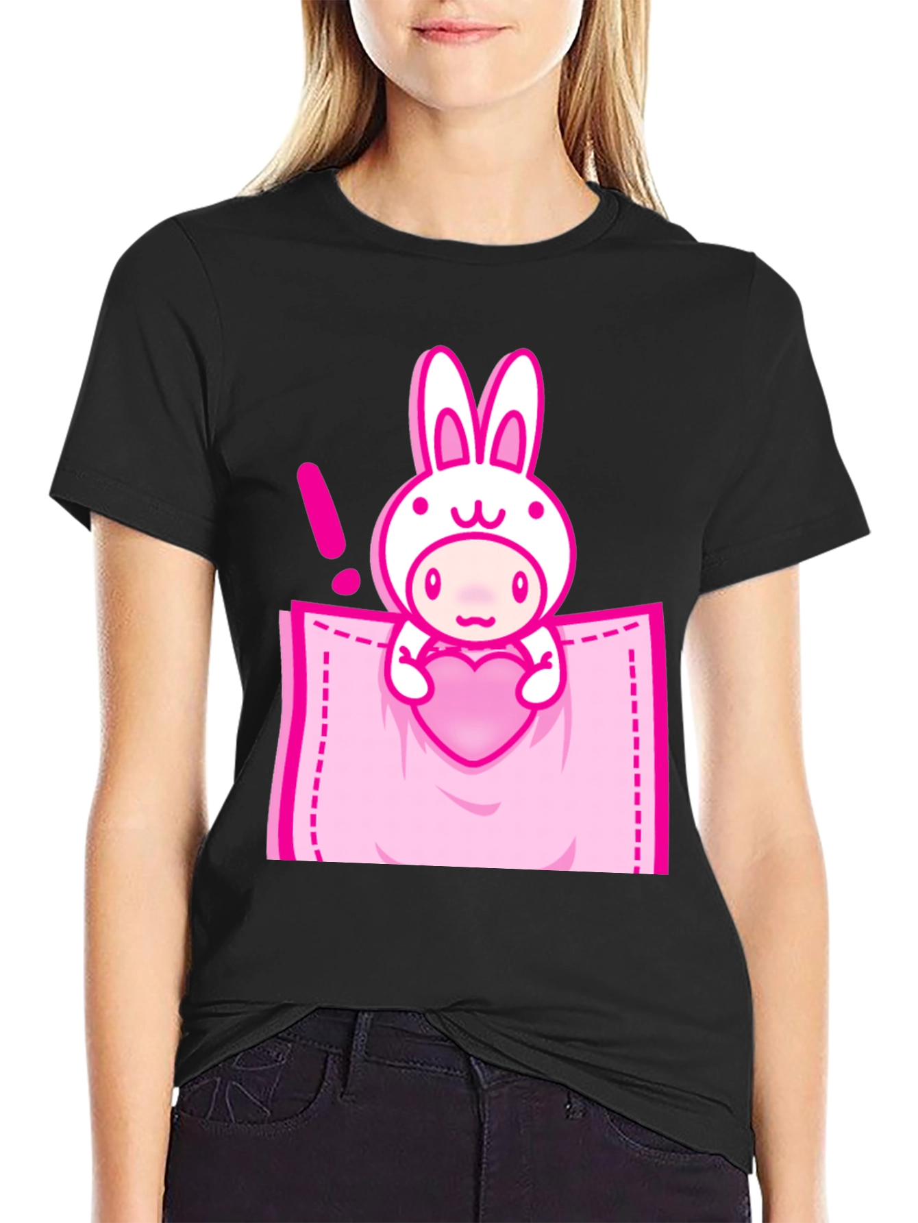 Black Cute Cartoon Rabbit Pocket T-Shirt view 2