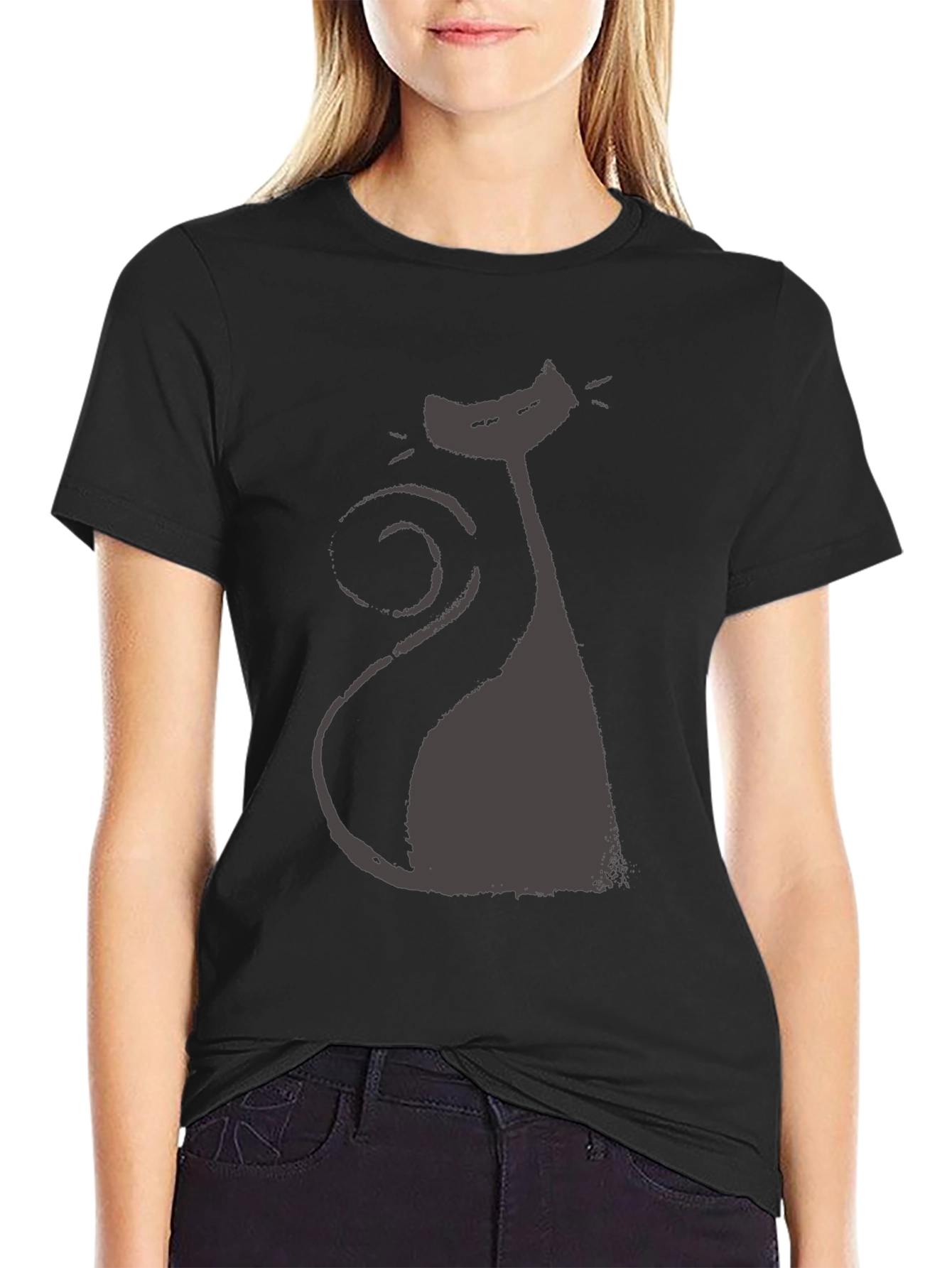 Black Retro Cat Silhouette Tee - Black Cotton Blend view 2