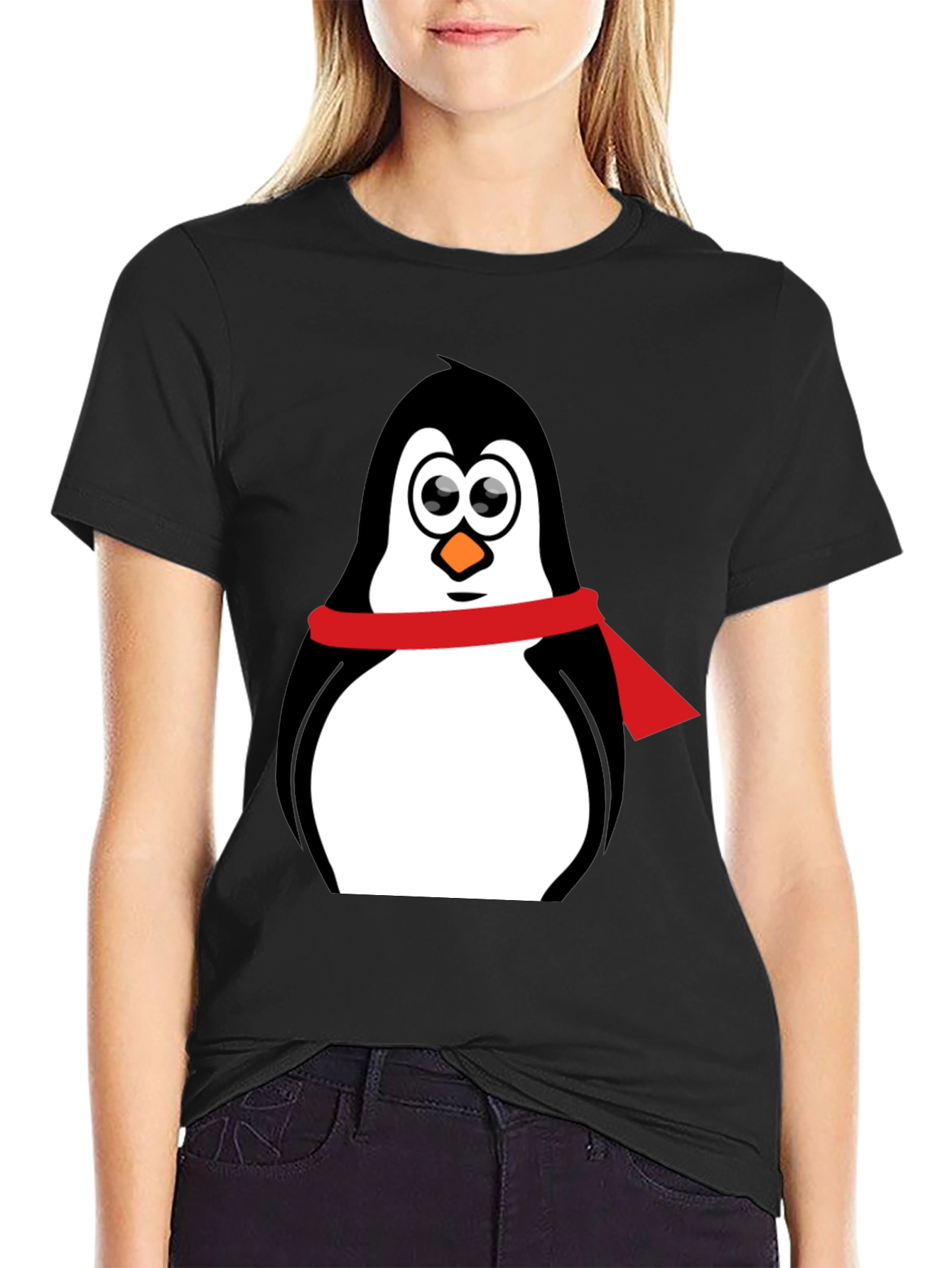 Black Penguin Graphic Tee - Cartoon Penguin with Scarf view 2