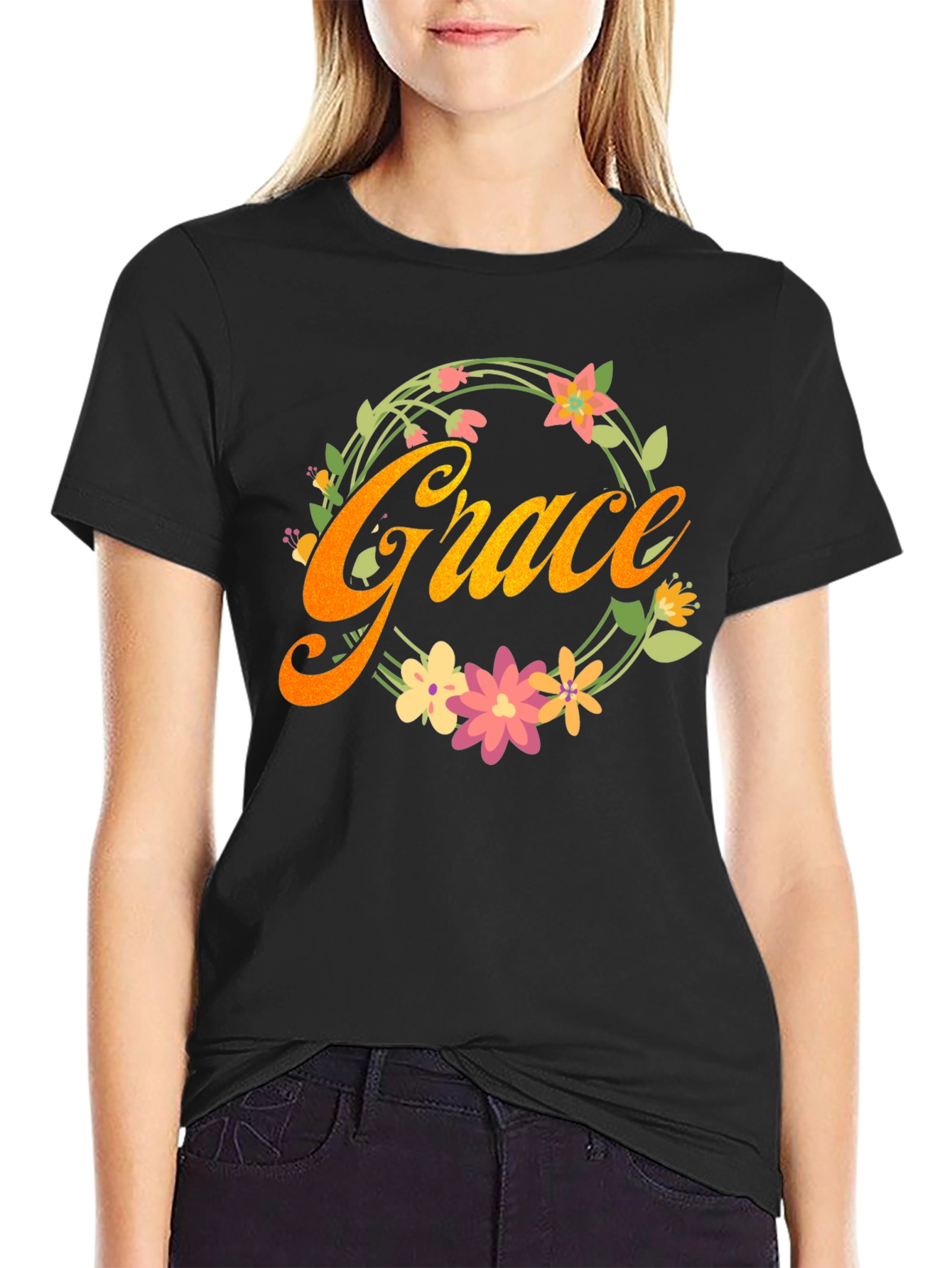 Black Grace Floral Wreath Graphic Tee - Stylish Comfort view 2