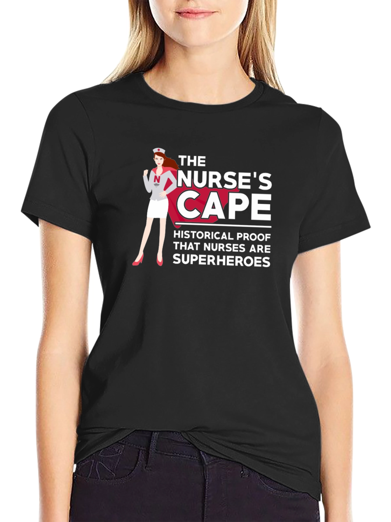 Black Nurse Superhero Cape Graphic T-Shirt view 2