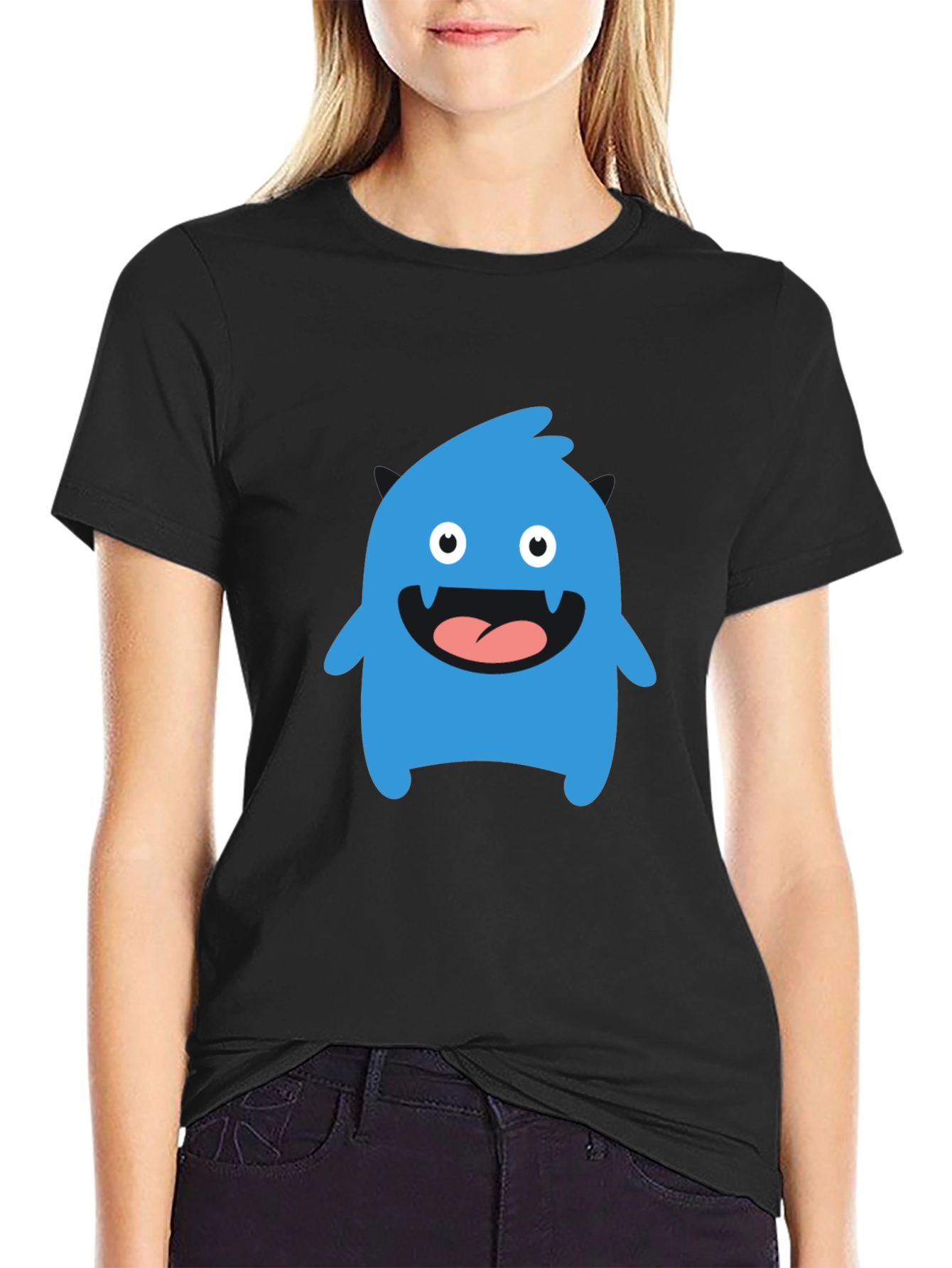 Black Fun Blue Monster Graphic Tee - Black Cotton T-Shirt view 2