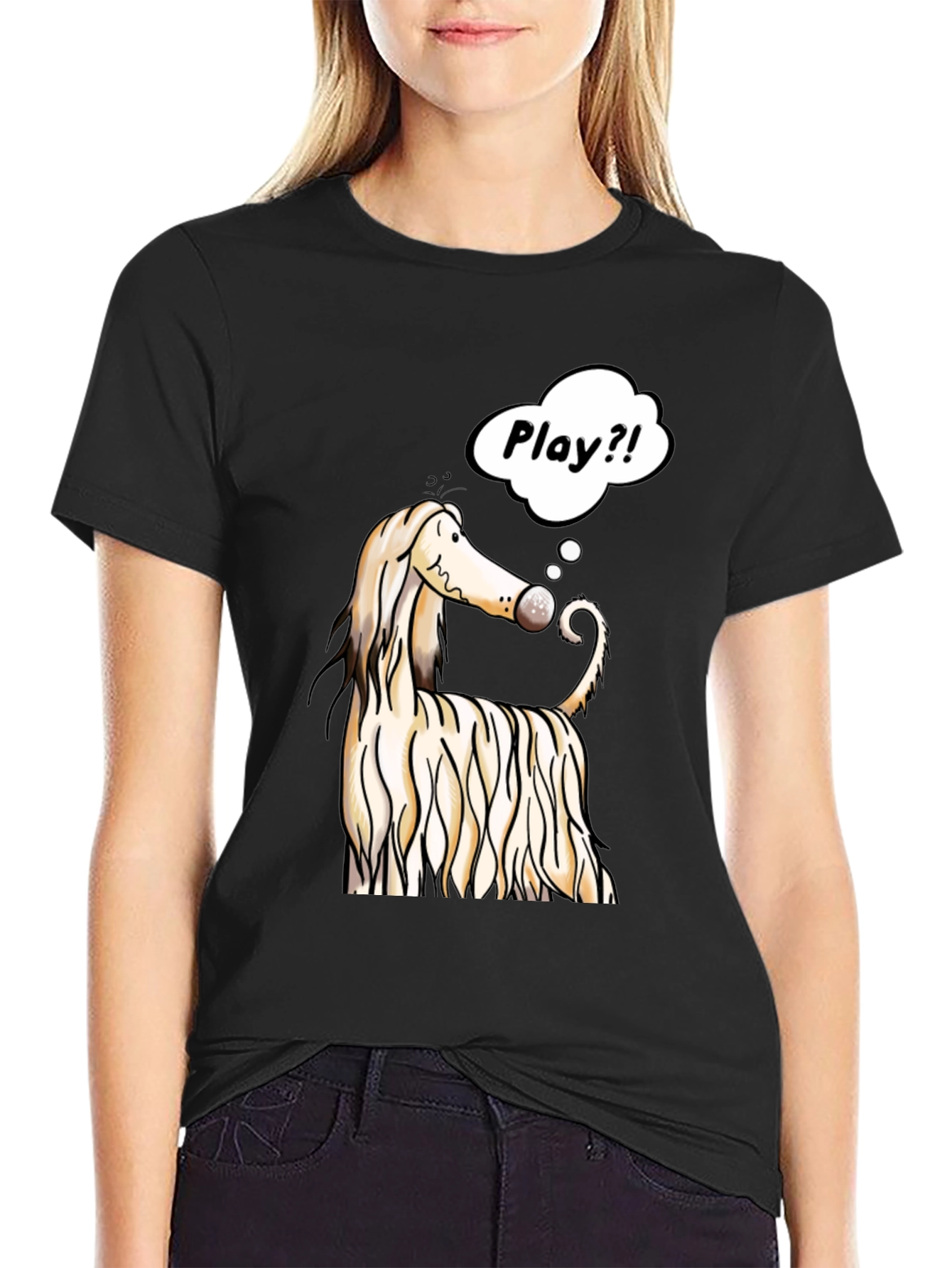 Black Dog Cartoon Play T-Shirt - Black Cotton Tee view 2