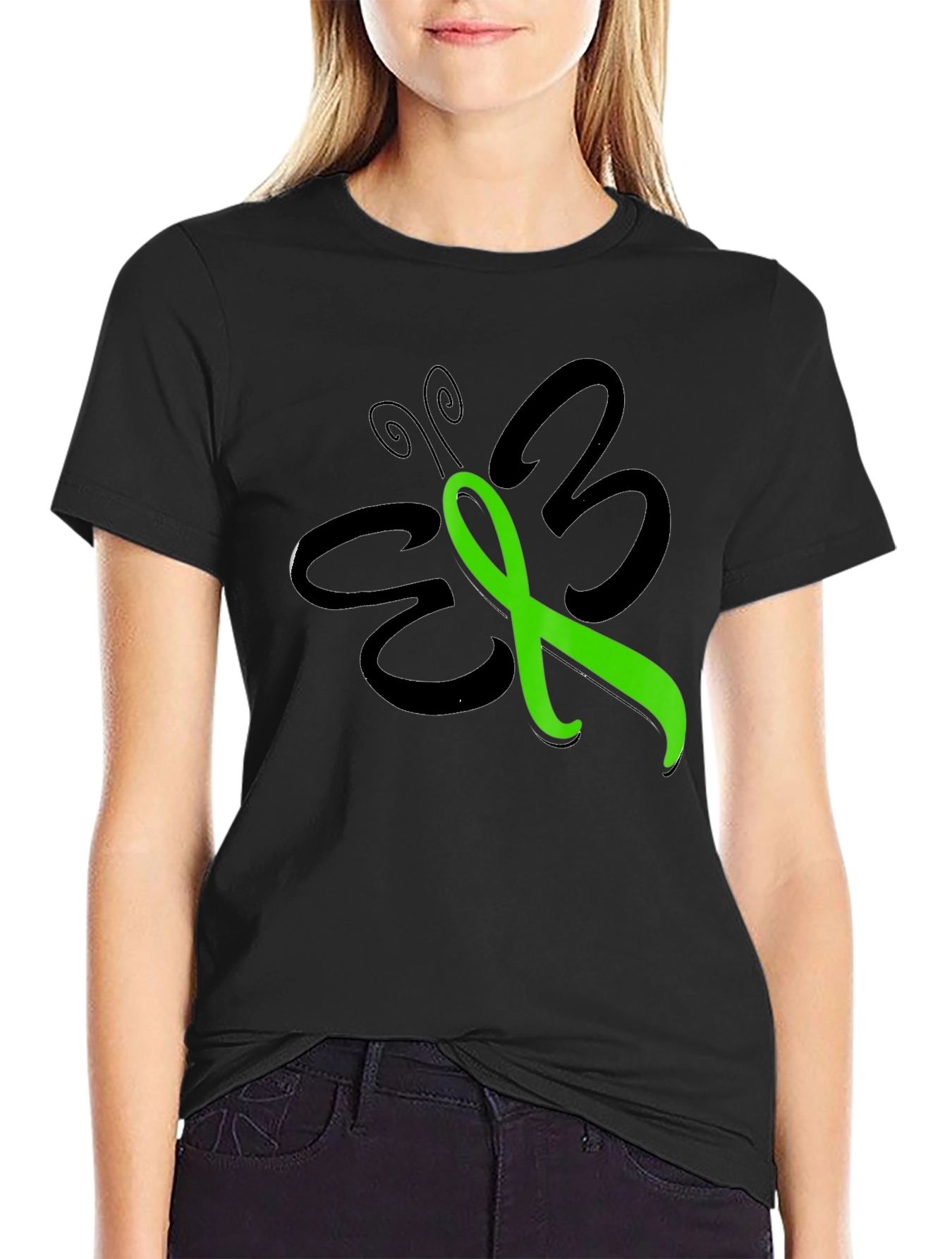 Black Green Ribbon Butterfly T-Shirt - Awareness Support view 2