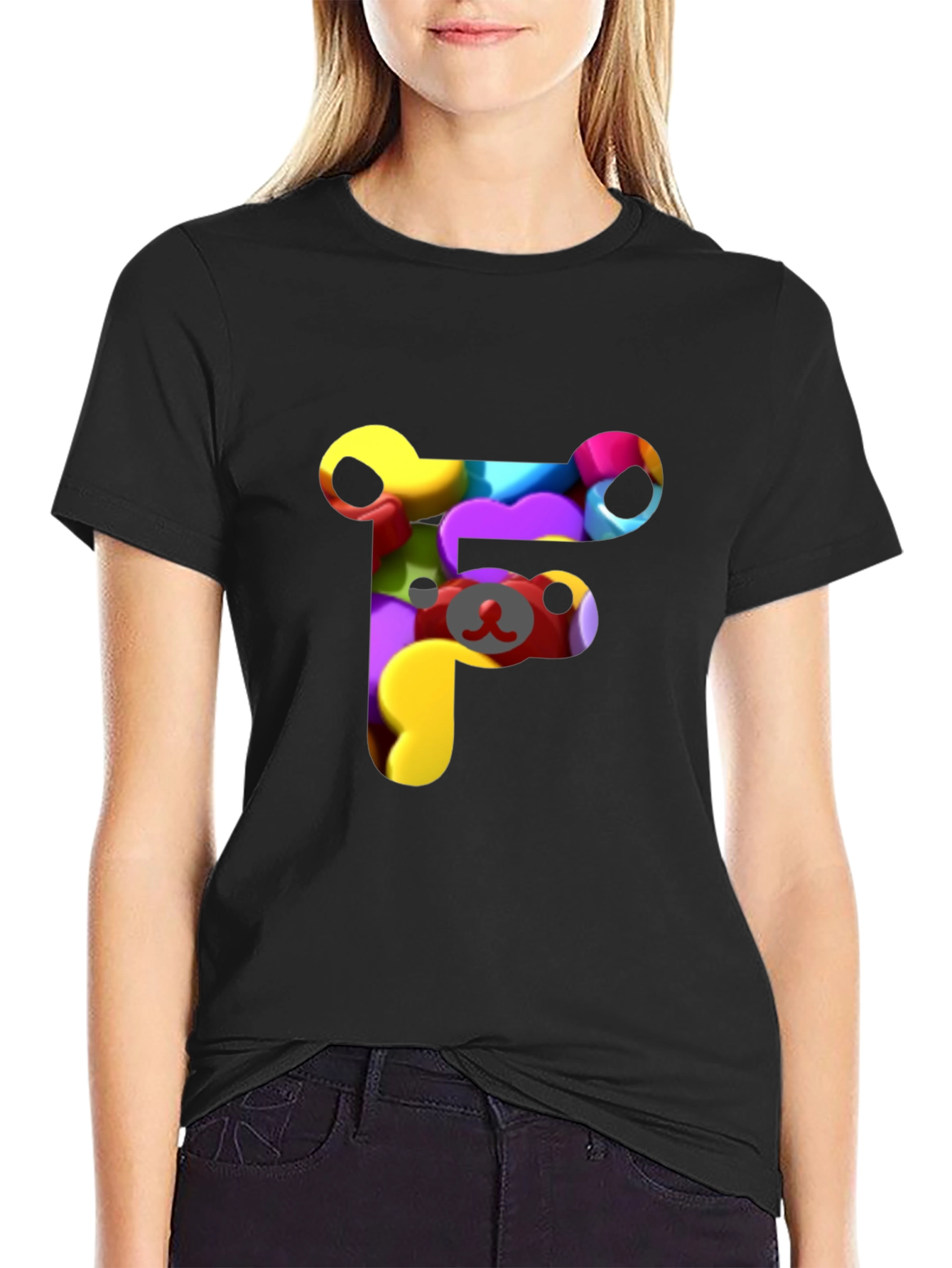 Black Colorful F Letter Bear T-Shirt view 2