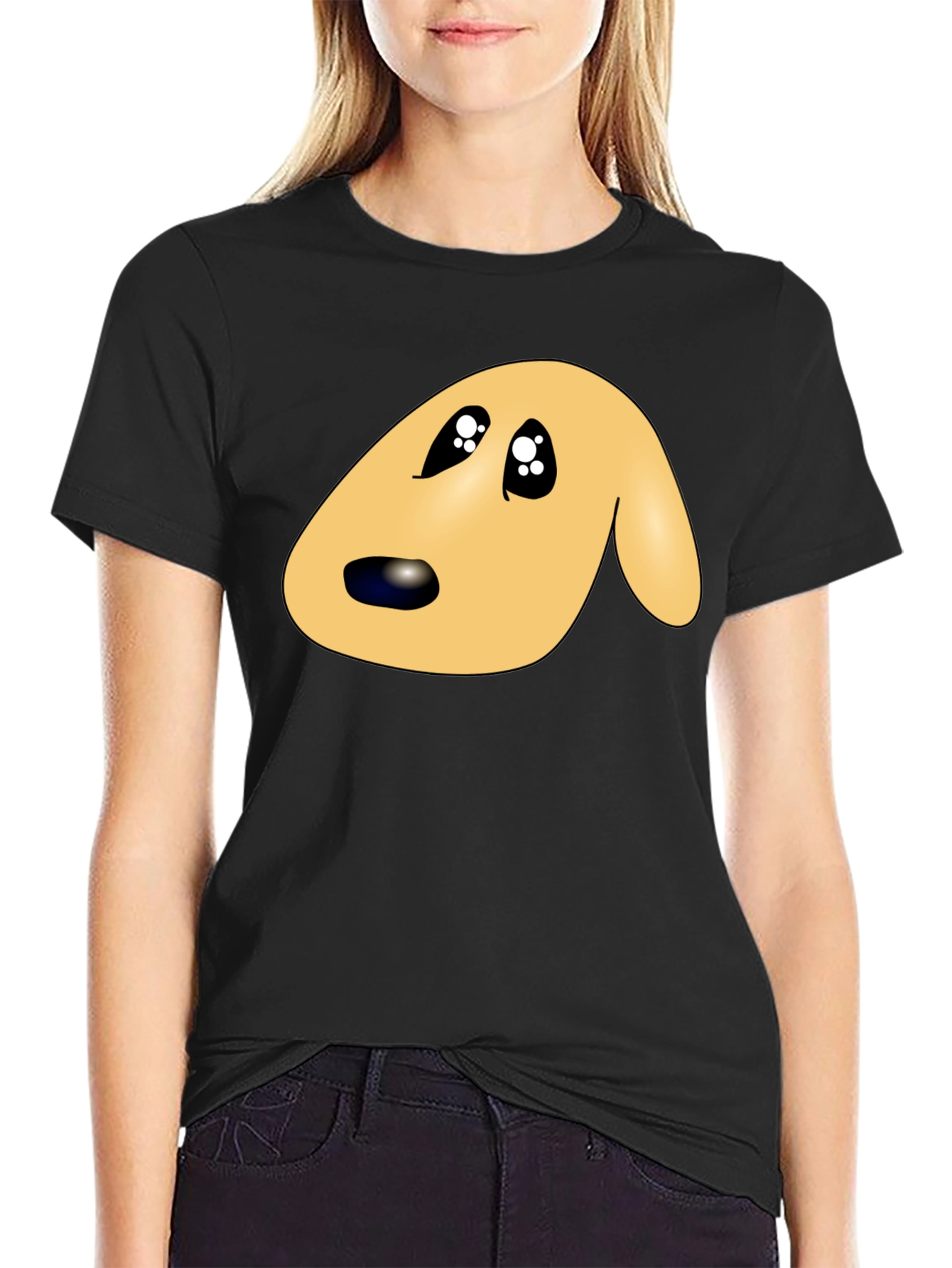 Black Cute Cartoon Dog Face Black T-Shirt view 2