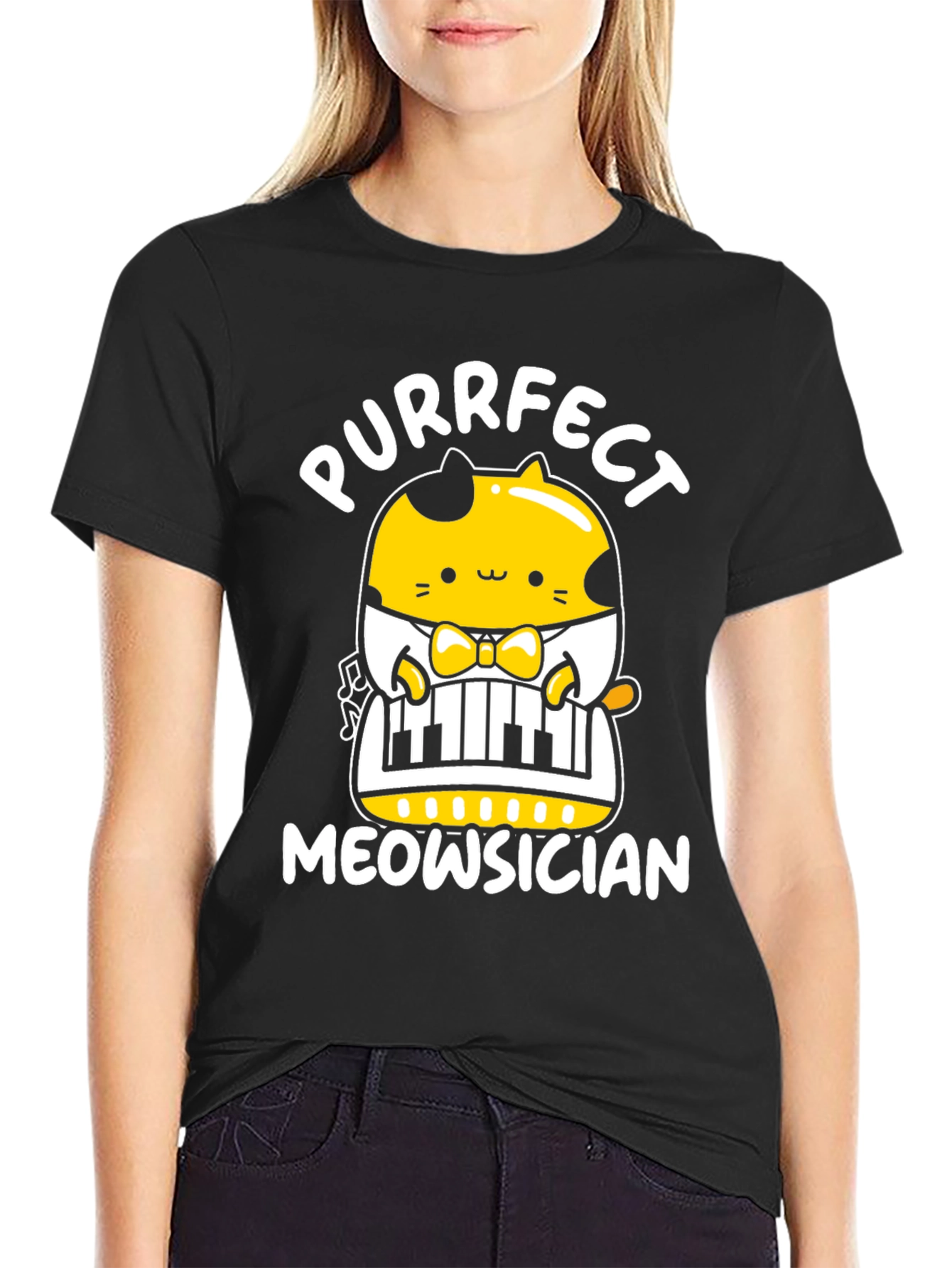 Black Purrfect Meowsician T-Shirt view 2