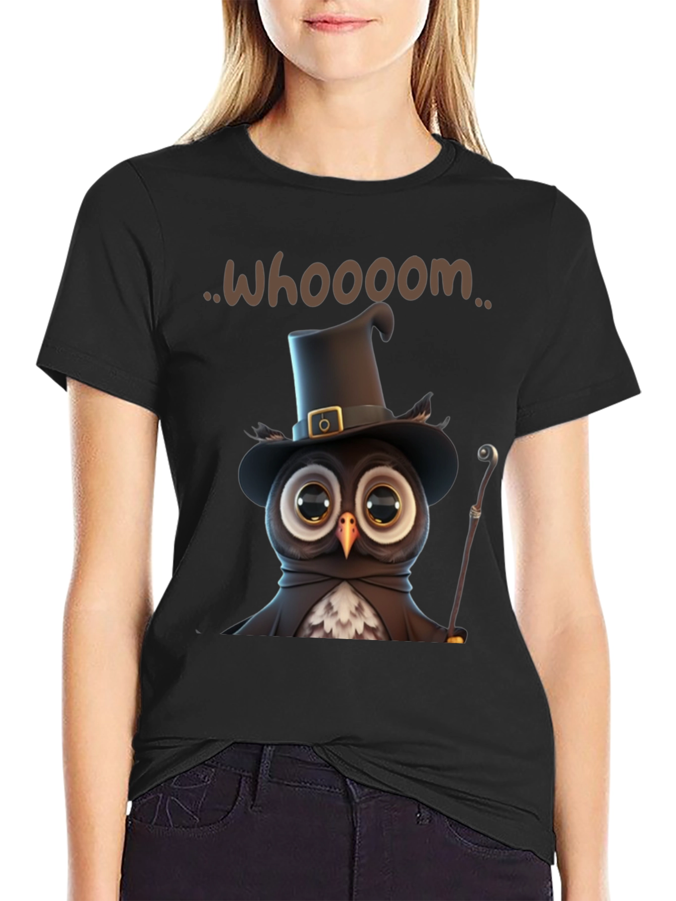 Black Whimsical Owl Graphic T-Shirt view 2