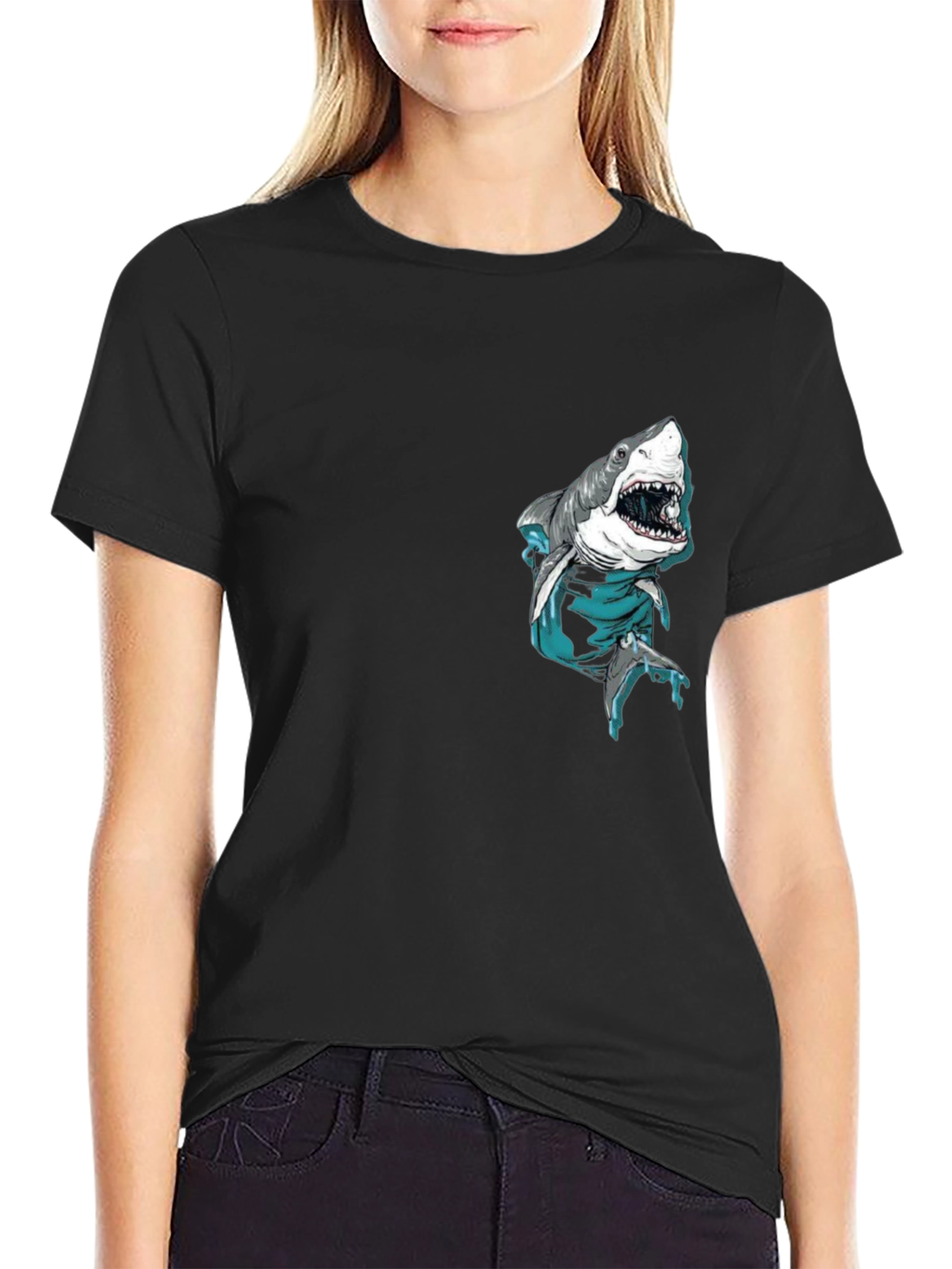 Black Shark Pocket Graphic Tee - Cool Men's Black T-Shirt view 2