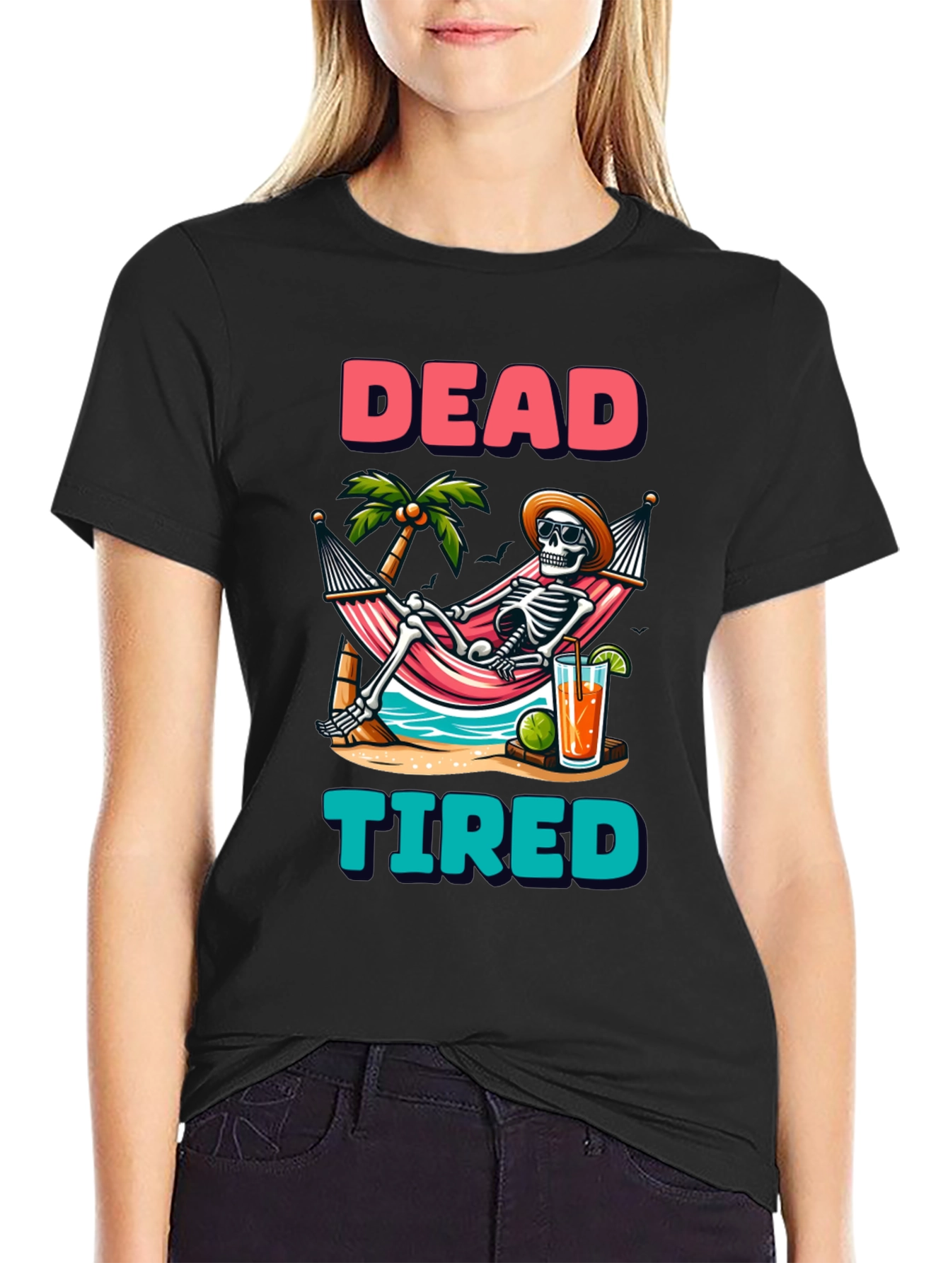 Black Dead Tired Skeleton Graphic T-Shirt view 2