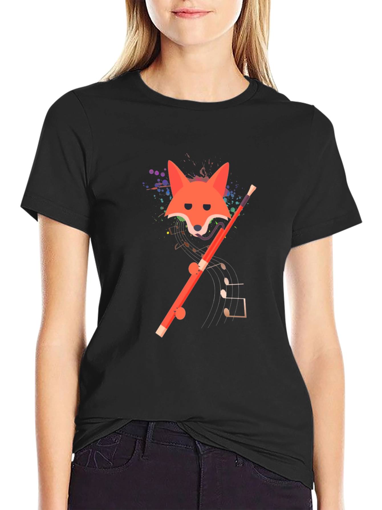 Black Fox and Flute Graphic Tee - Unique Design view 2