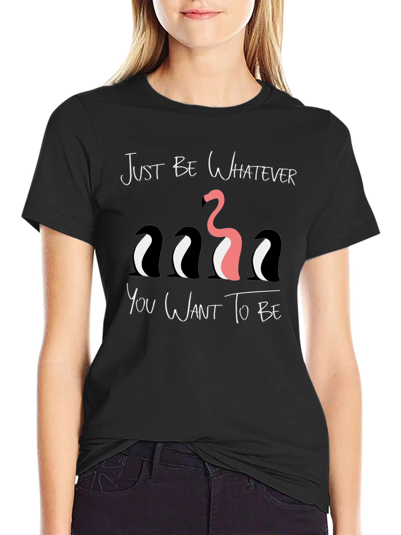 Black Be Yourself Graphic Tee - Funny Flamingo & Penguins view 2