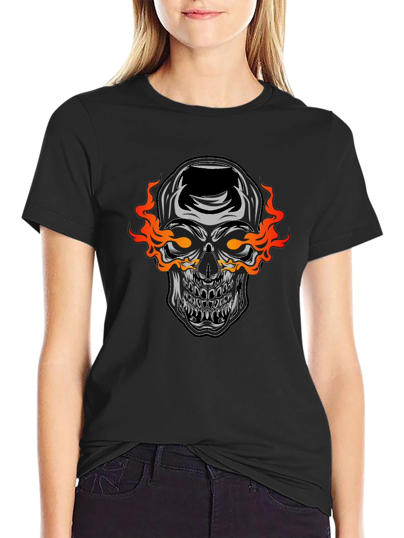 Black Flaming Skull Graphic Black T-Shirt view 2