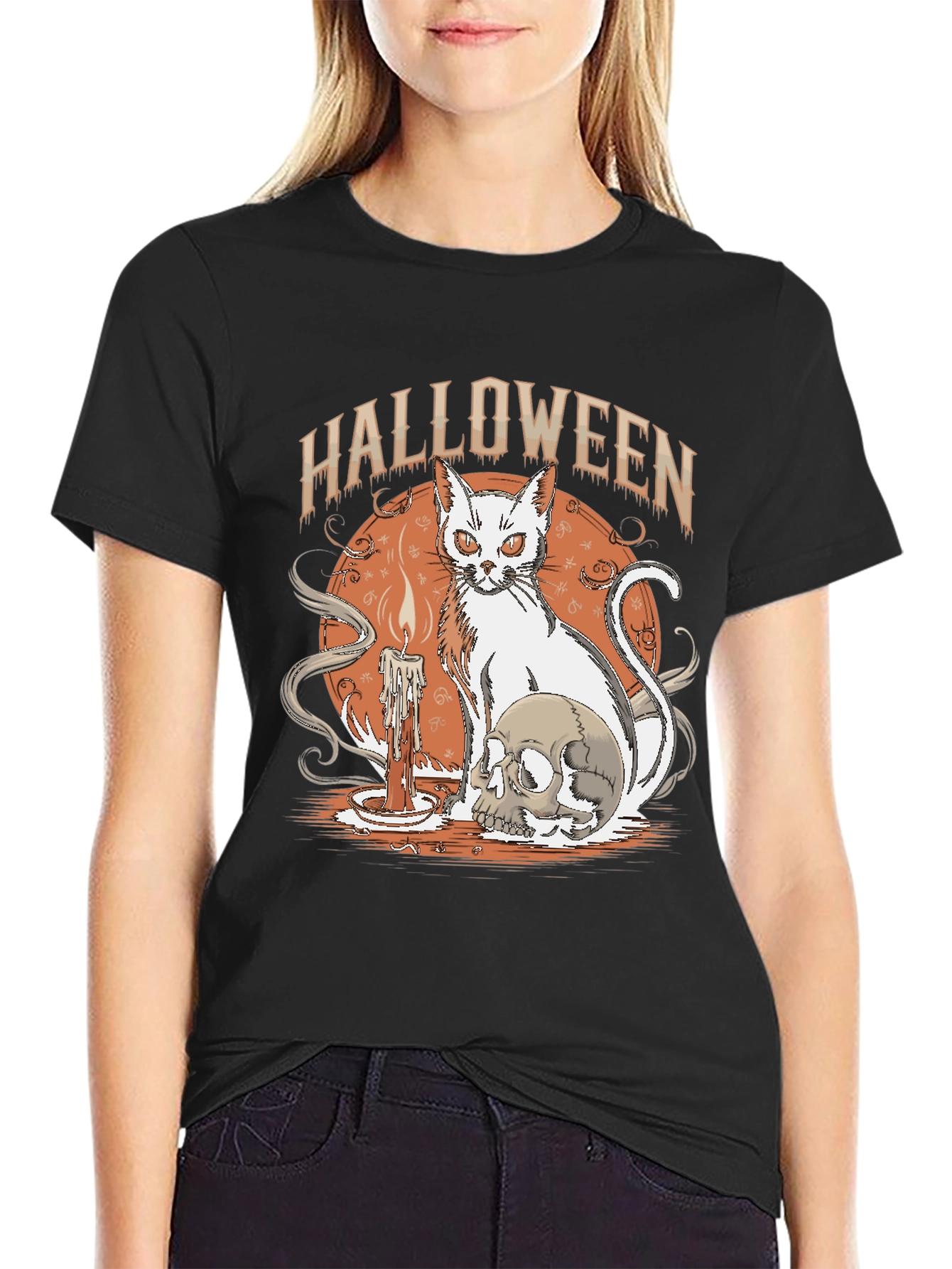 Black Halloween Cat & Skull Graphic Tee view 2