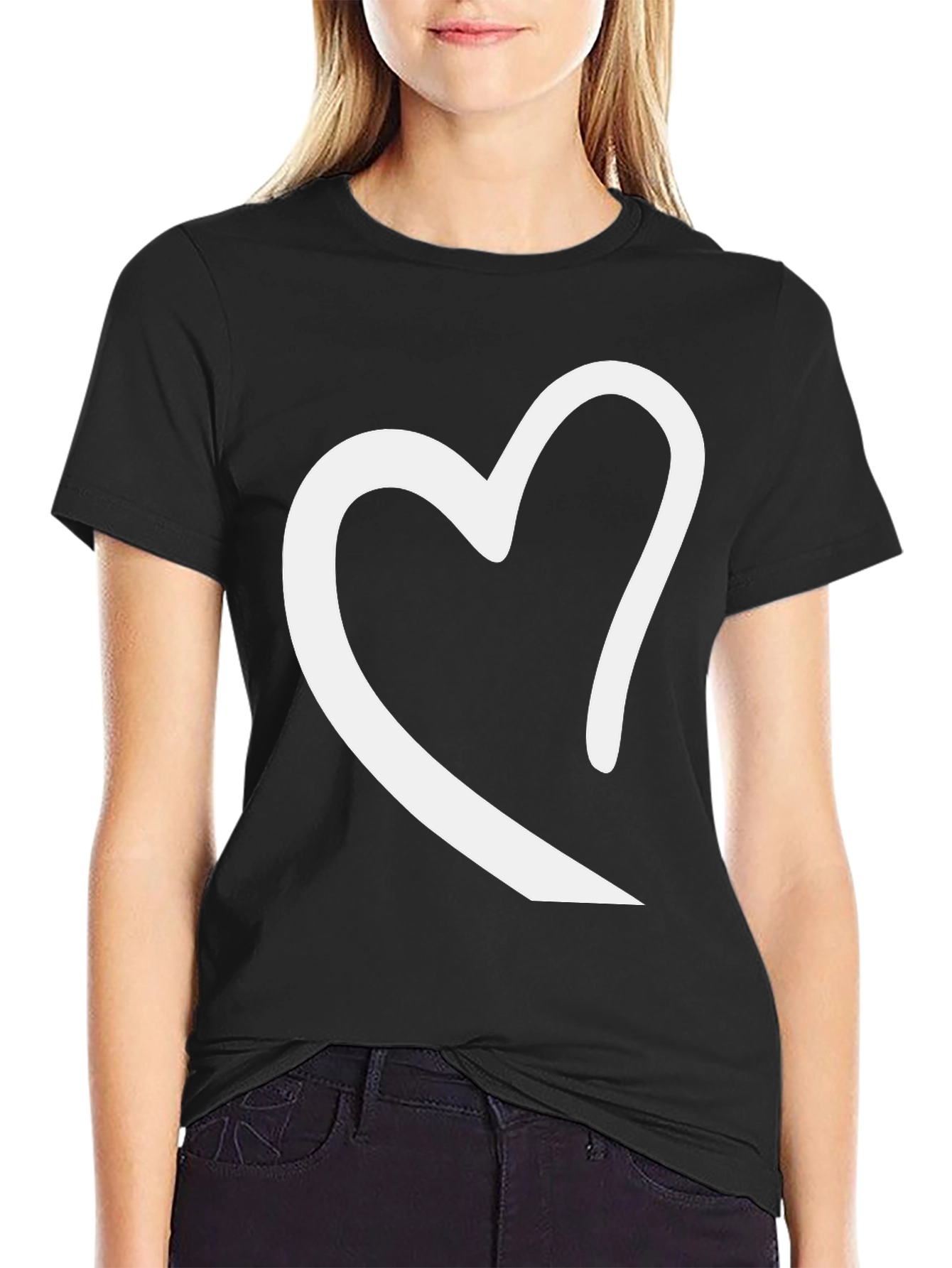 Black Black T-Shirt with White Heart Graphic view 2