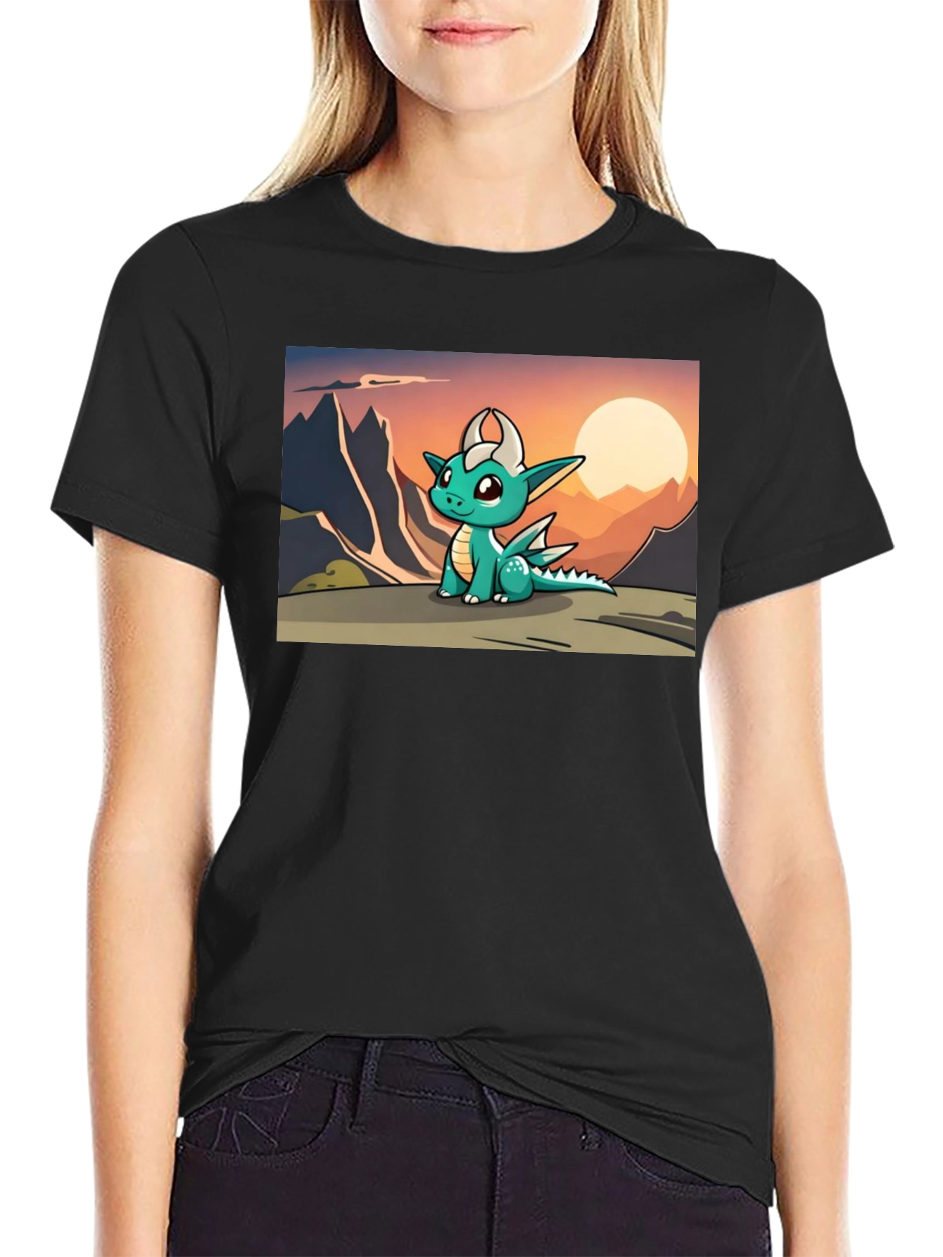 Black Cute Dragon Sunset Tee view 2