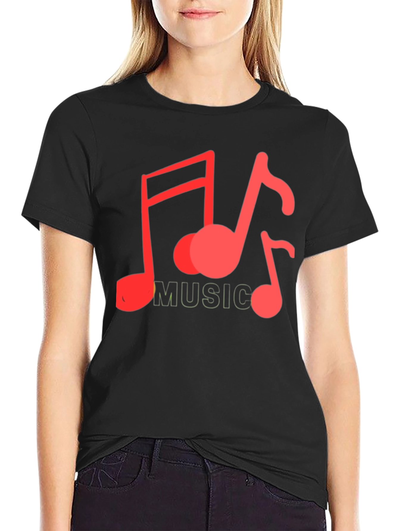 Black Musical Notes Graphic Tee - Black Cotton Casual view 2