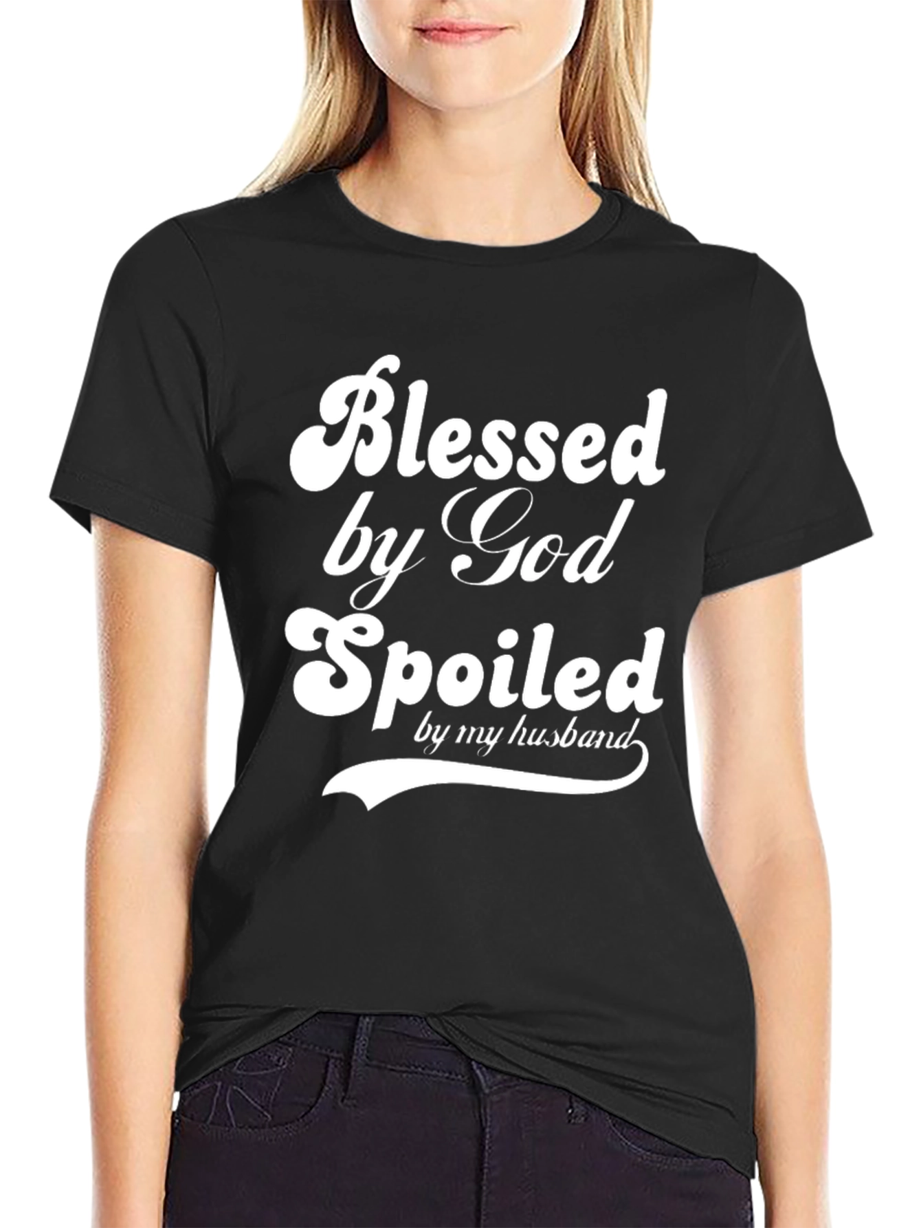Black Blessed by God Spoiled by Husband Graphic Tee view 2