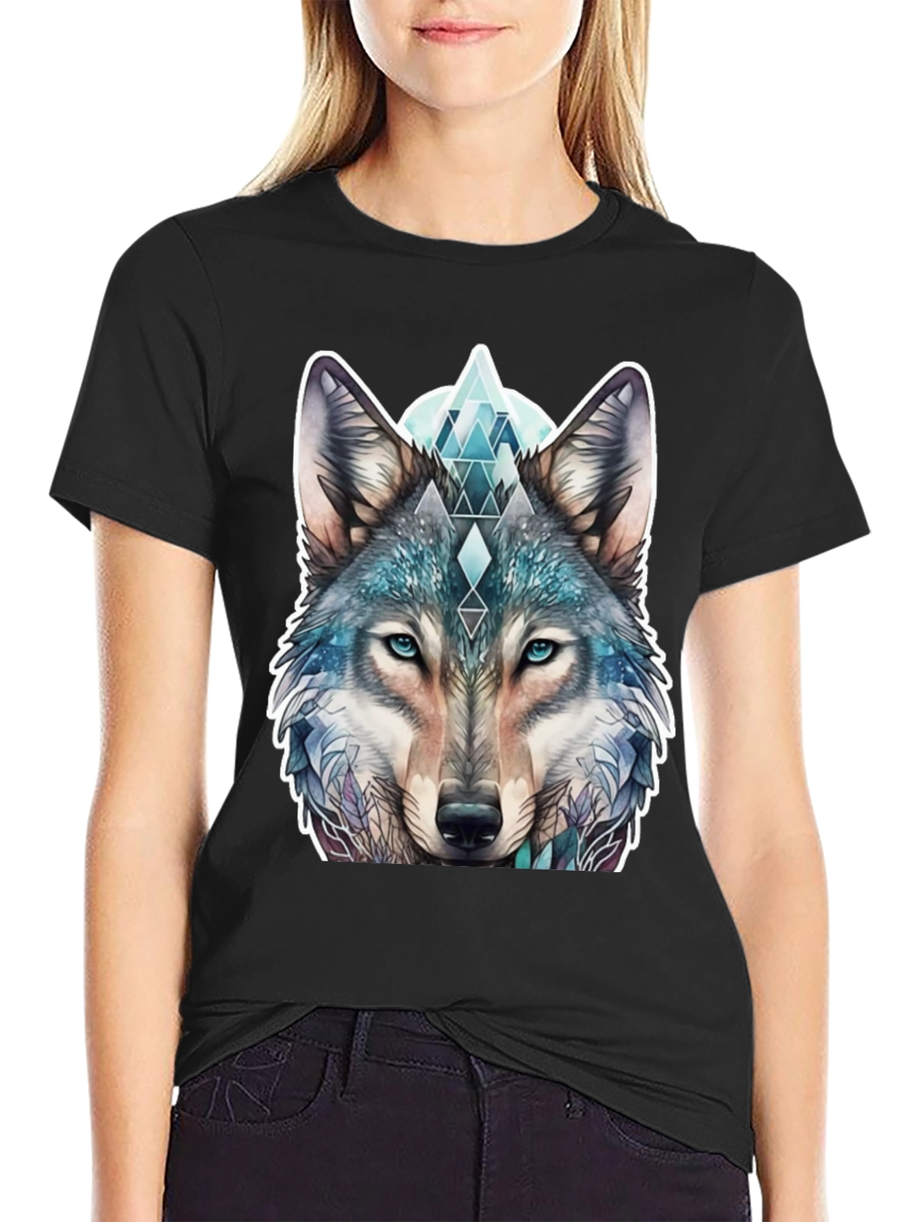 Black Geometric Wolf Graphic Tee - Stylish Animal Print Shirt view 2