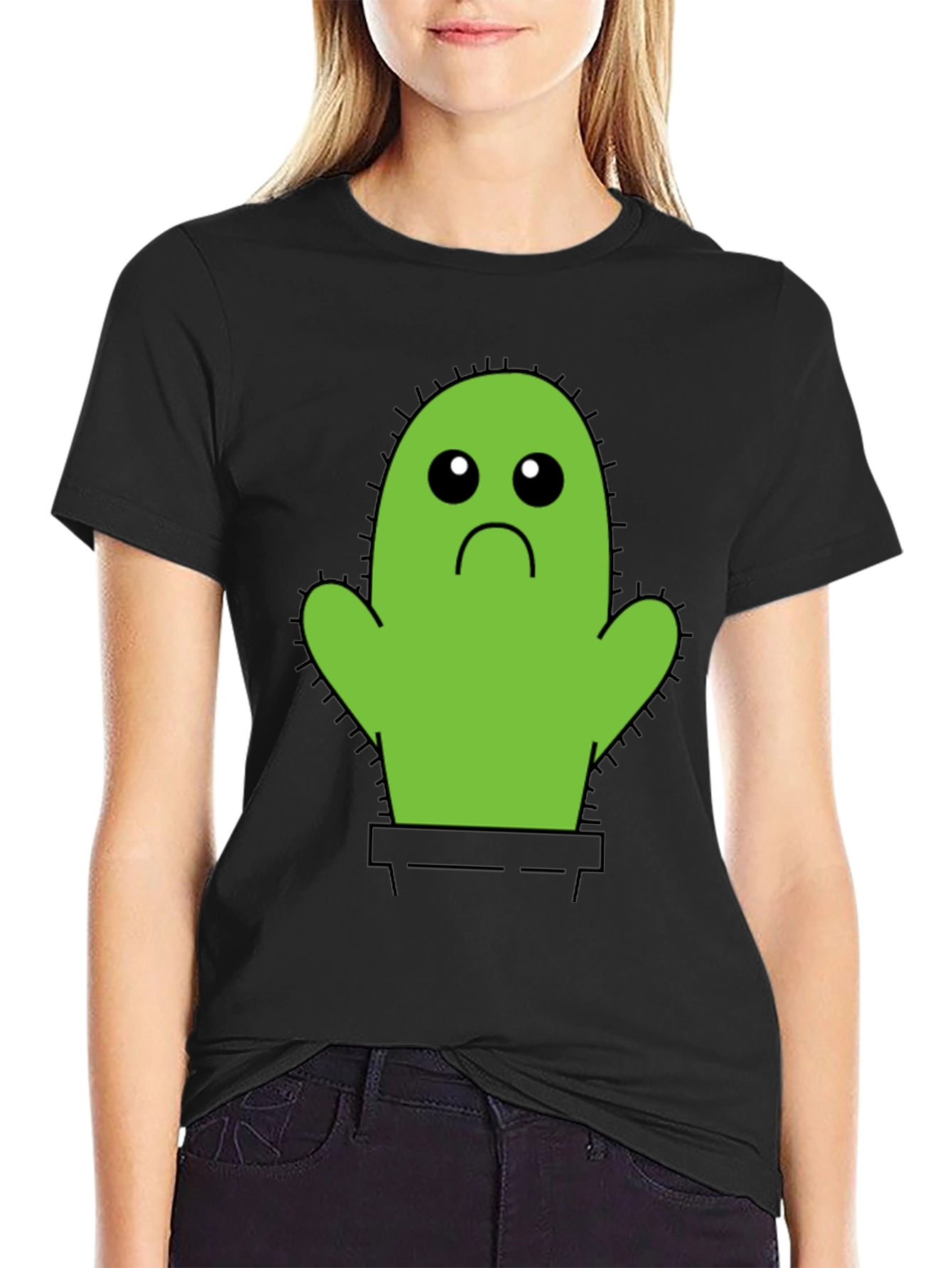 Black Sad Cactus T-Shirt - Unisex Cotton Tee view 2