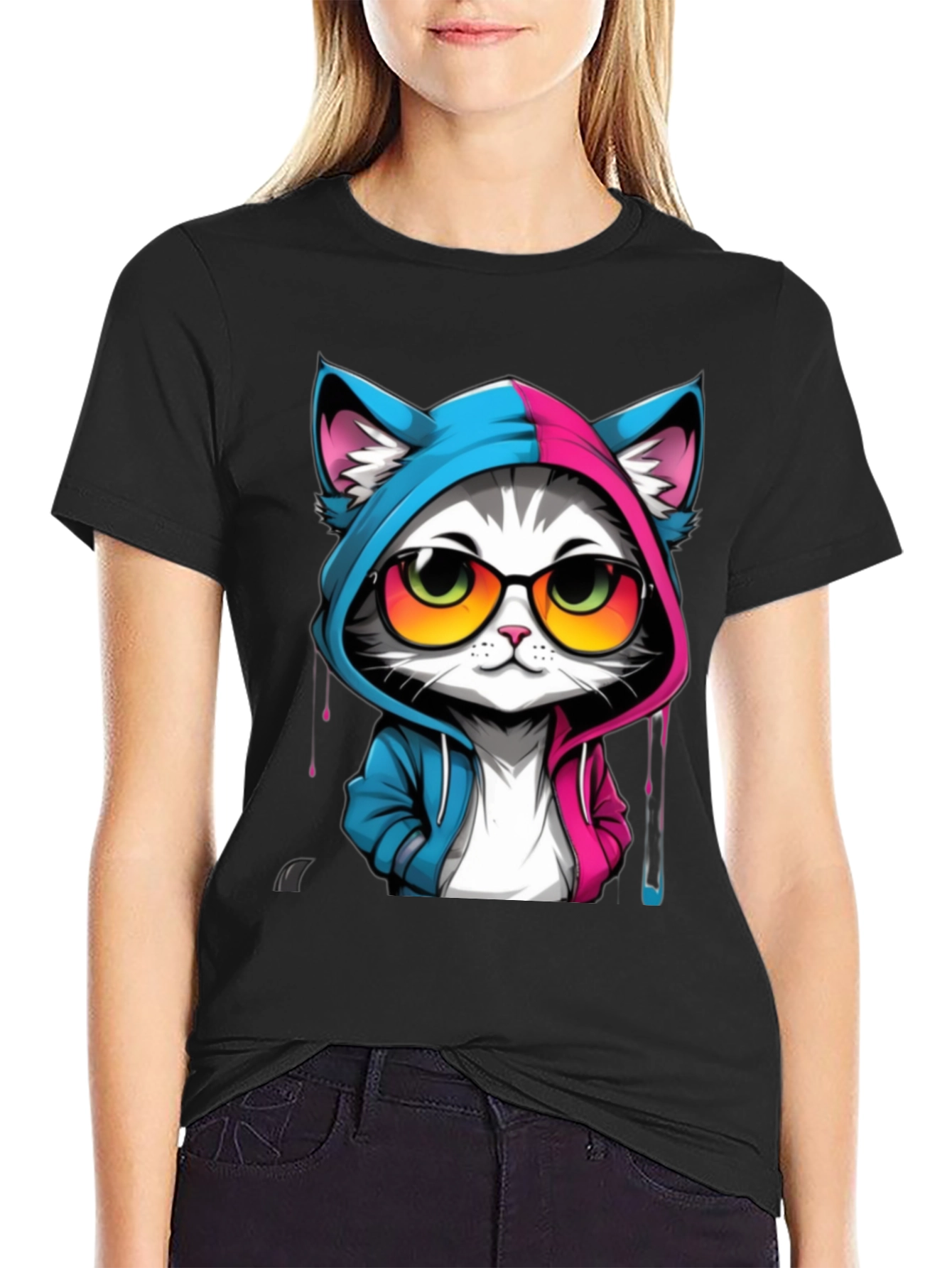 Black Cool Cat Graphic Tee - Unisex Black T-Shirt view 2
