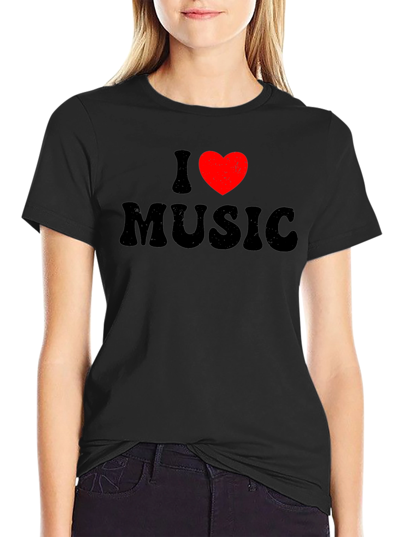 Black I Love Music Graphic Tee - Black Cotton Blend T-Shirt view 2