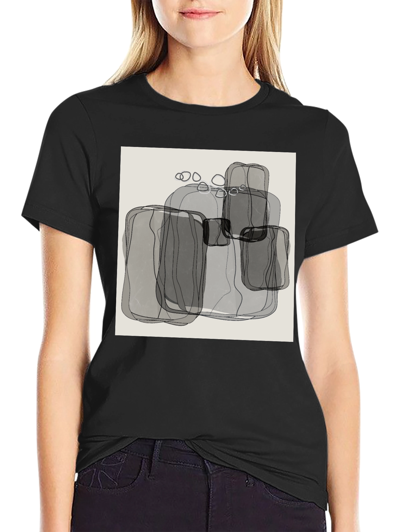 Black Abstract Gray Block Print Men's Black T-Shirt view 2