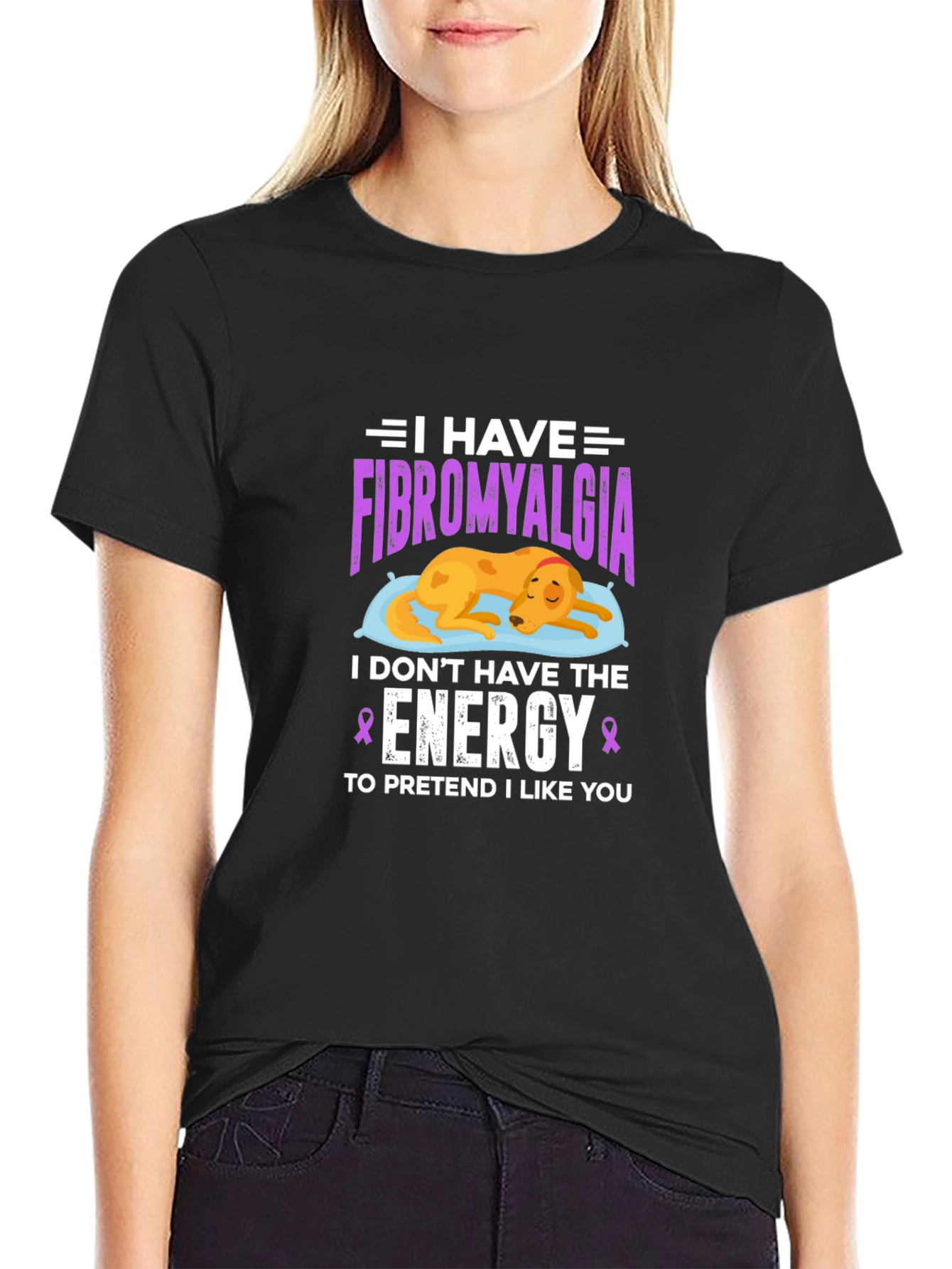 Black Fibromyalgia Awareness T-Shirt: Dog Design view 2