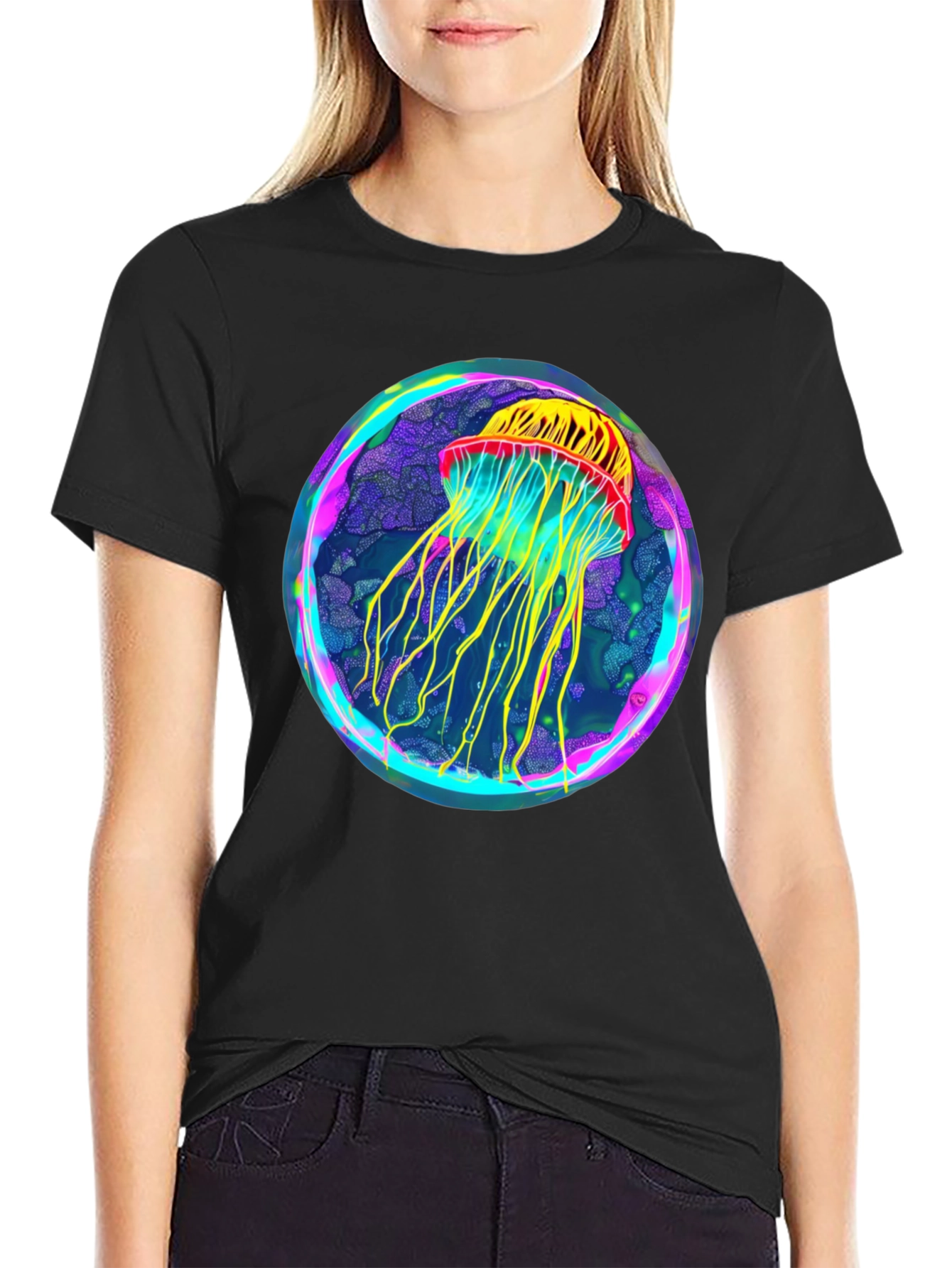 Black Neon Jellyfish Graphic Black Tee view 2