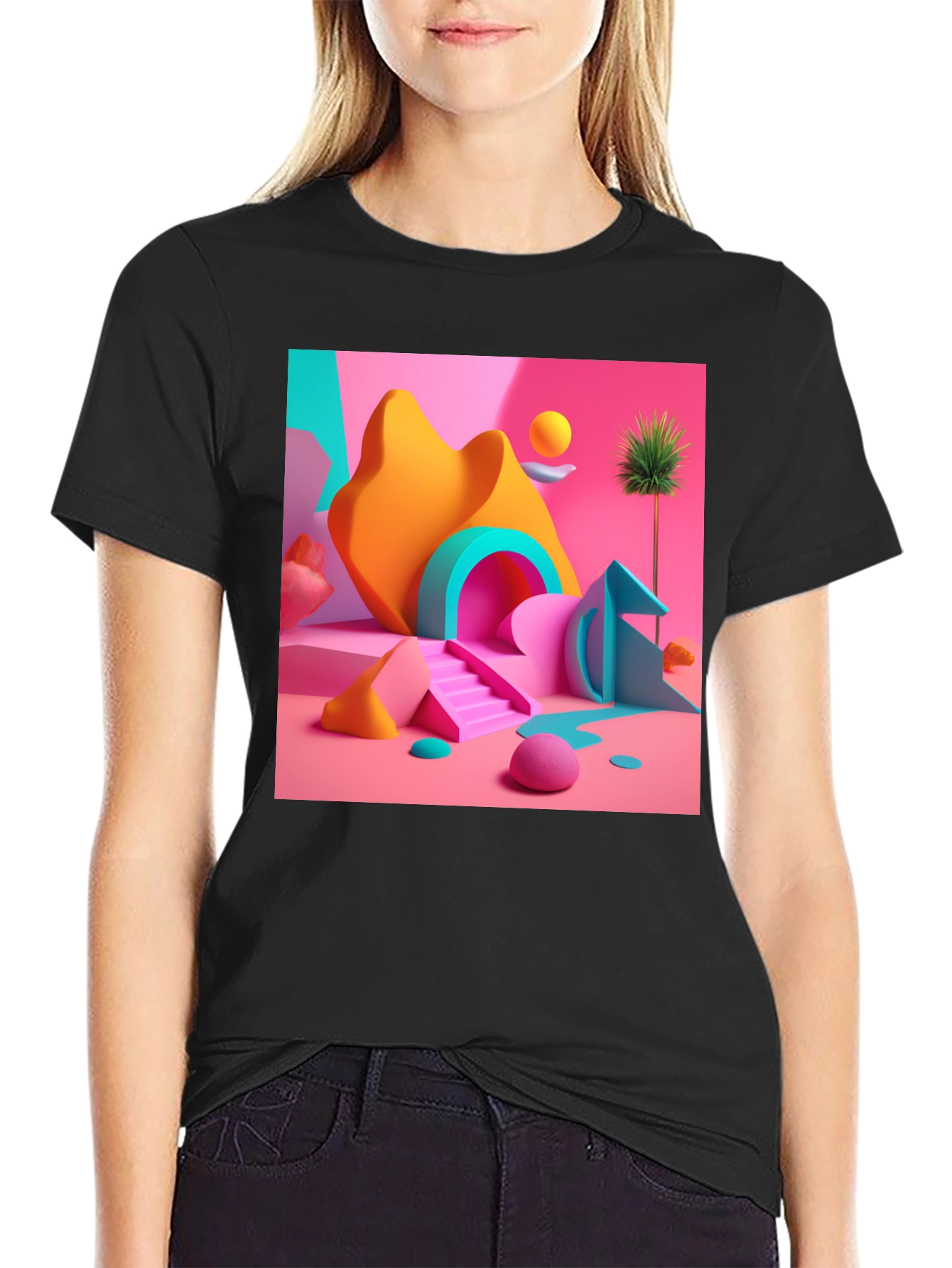Black Abstract Geometric Art Black T-Shirt view 2