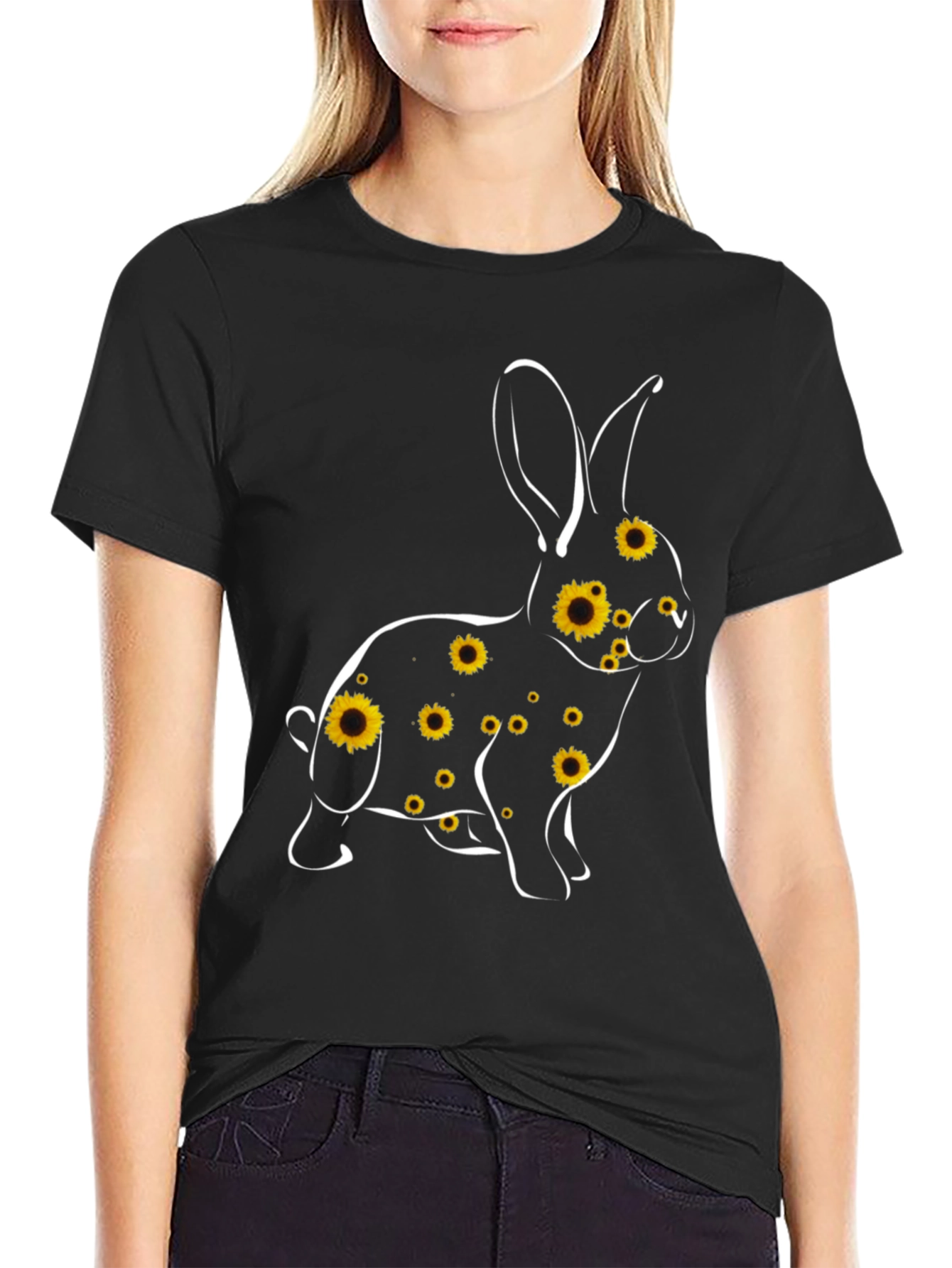 Black Sunflower Bunny Graphic Tee - Black Cotton Blend view 2