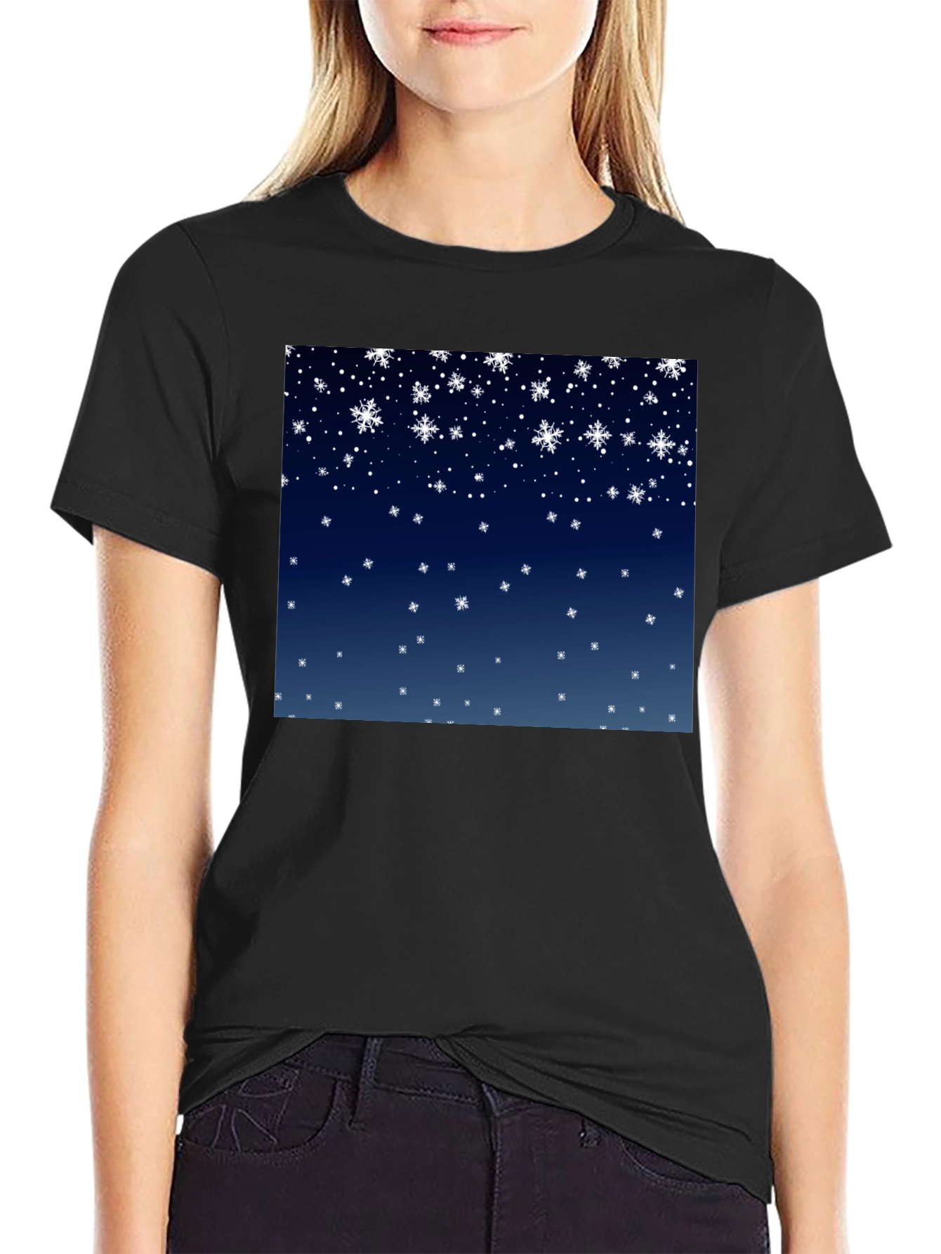 Black Snowflake Pattern T-Shirt - Winter Holiday Apparel view 2