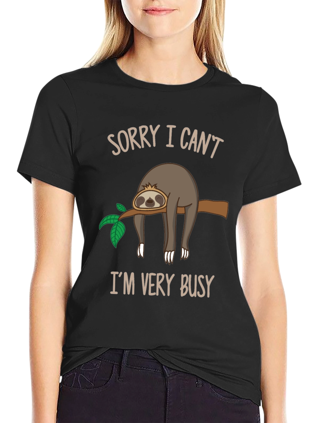 Black Funny Sloth Graphic T-Shirt - Sorry I Can't, I'm Very Busy view 2