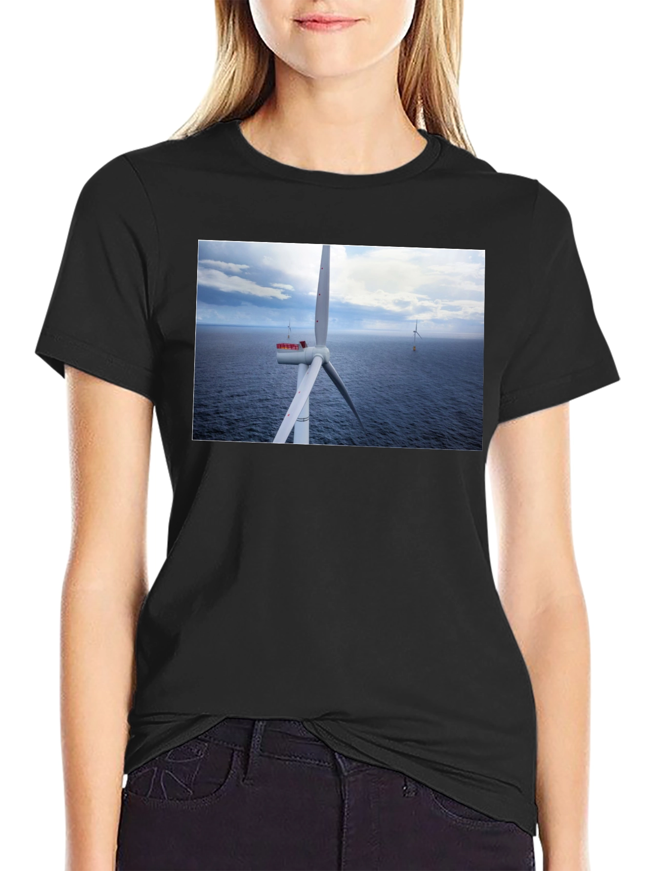 Black Wind Turbine Ocean Graphic T-Shirt view 2