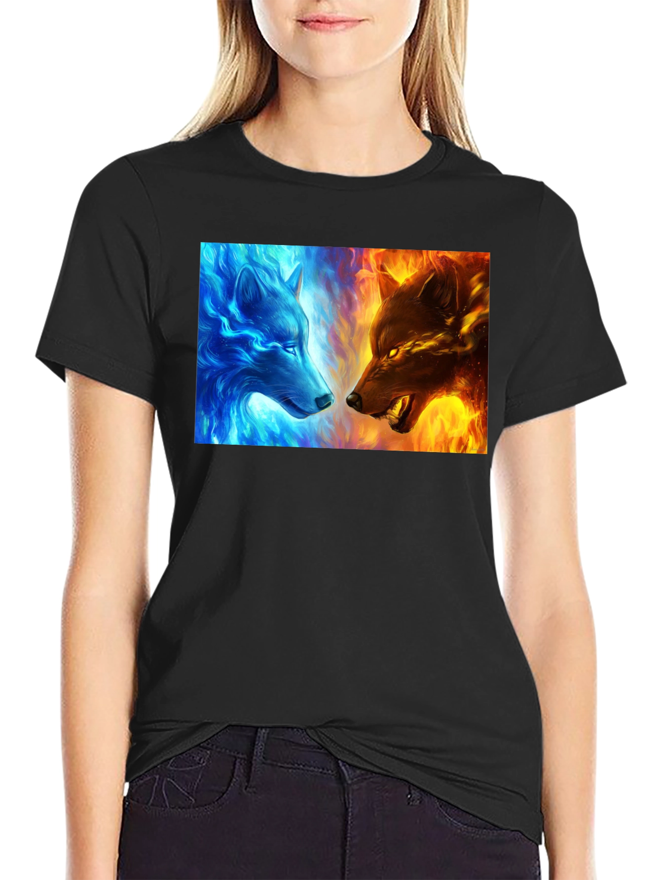 Black Fire and Ice Wolf Graphic Tee - Cool Men's T-Shirt view 2