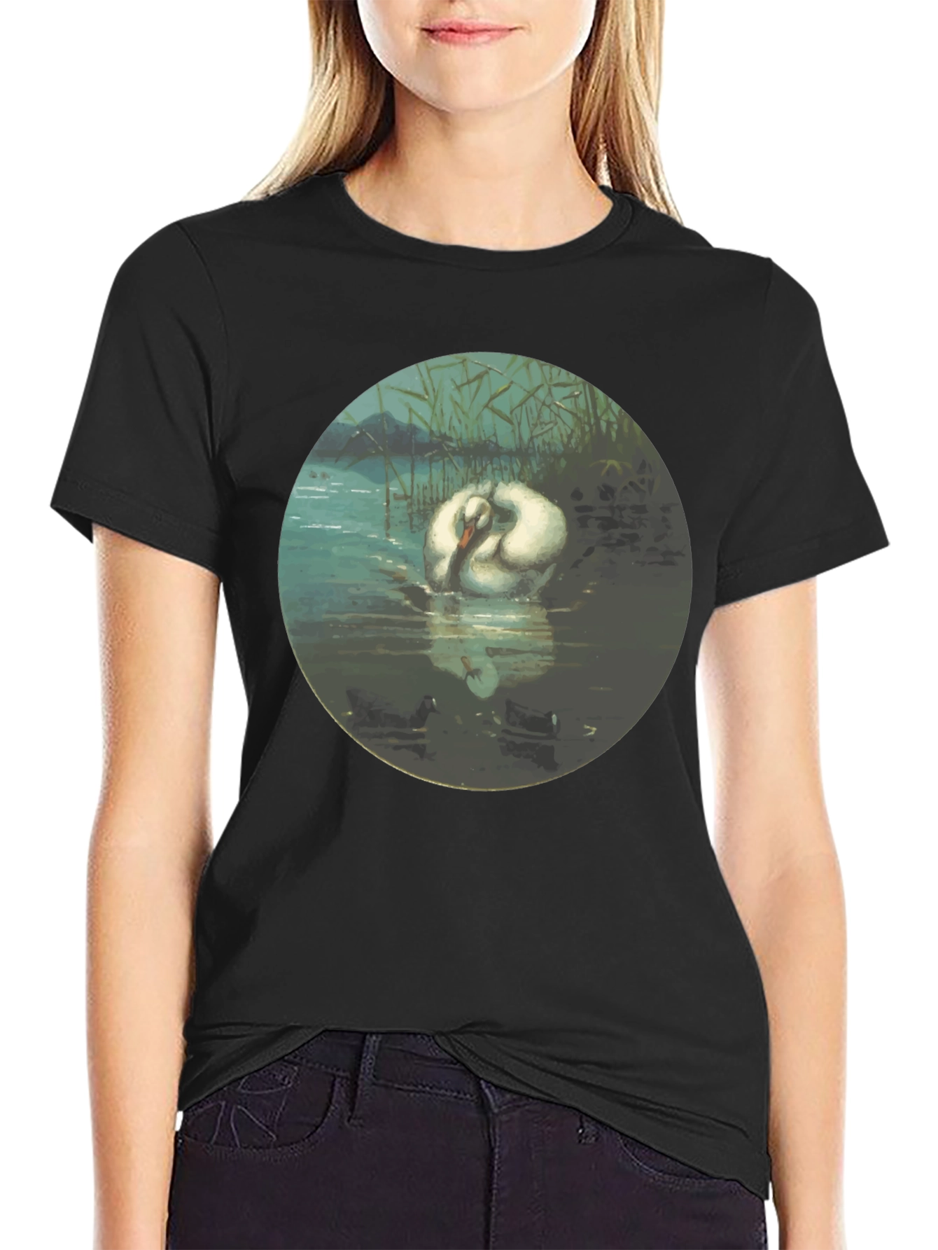 Black Swan Art T-Shirt - Elegant Aquatic Bird Design view 2