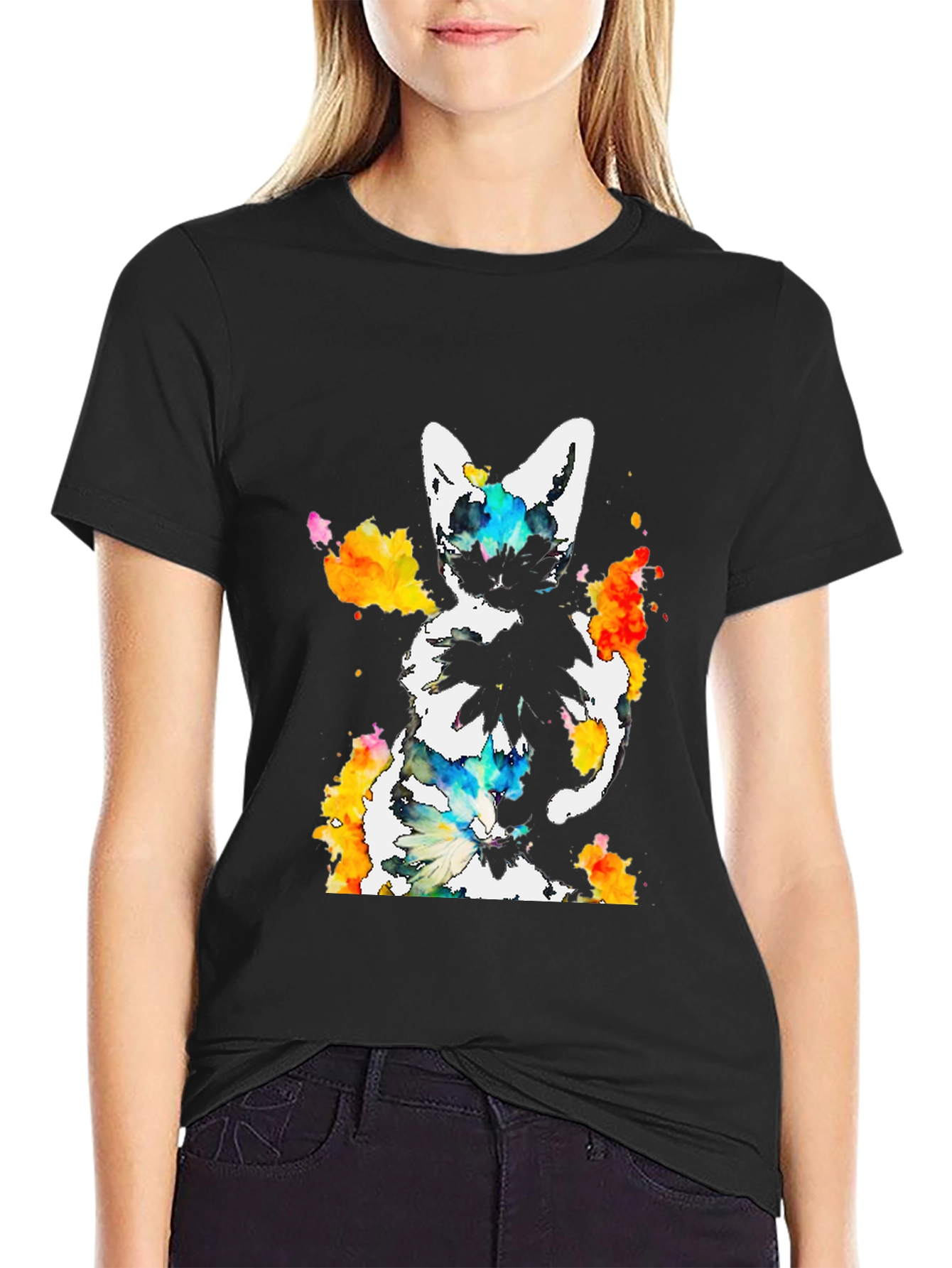 Black Watercolor Cat Print Black T-Shirt view 2