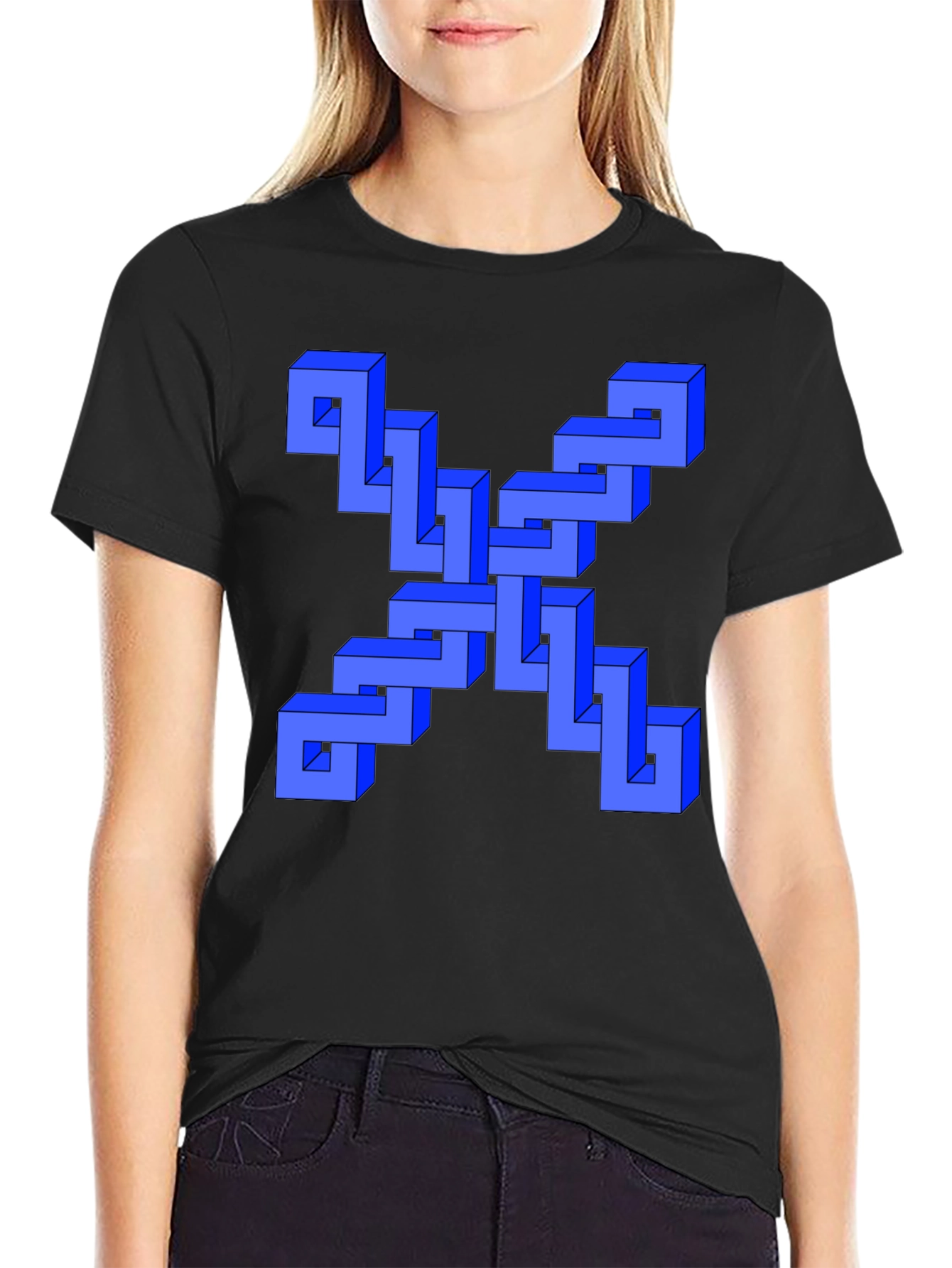 Black Optical Illusion Blue Cube Design Black T-Shirt view 2