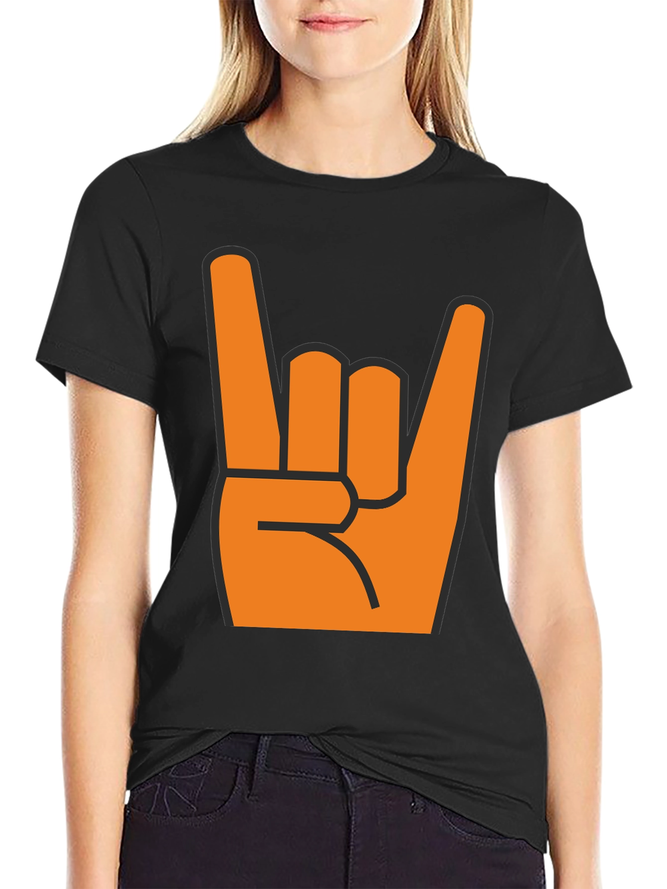 Black Rock On T-Shirt - Bold Orange Hand Graphic view 2