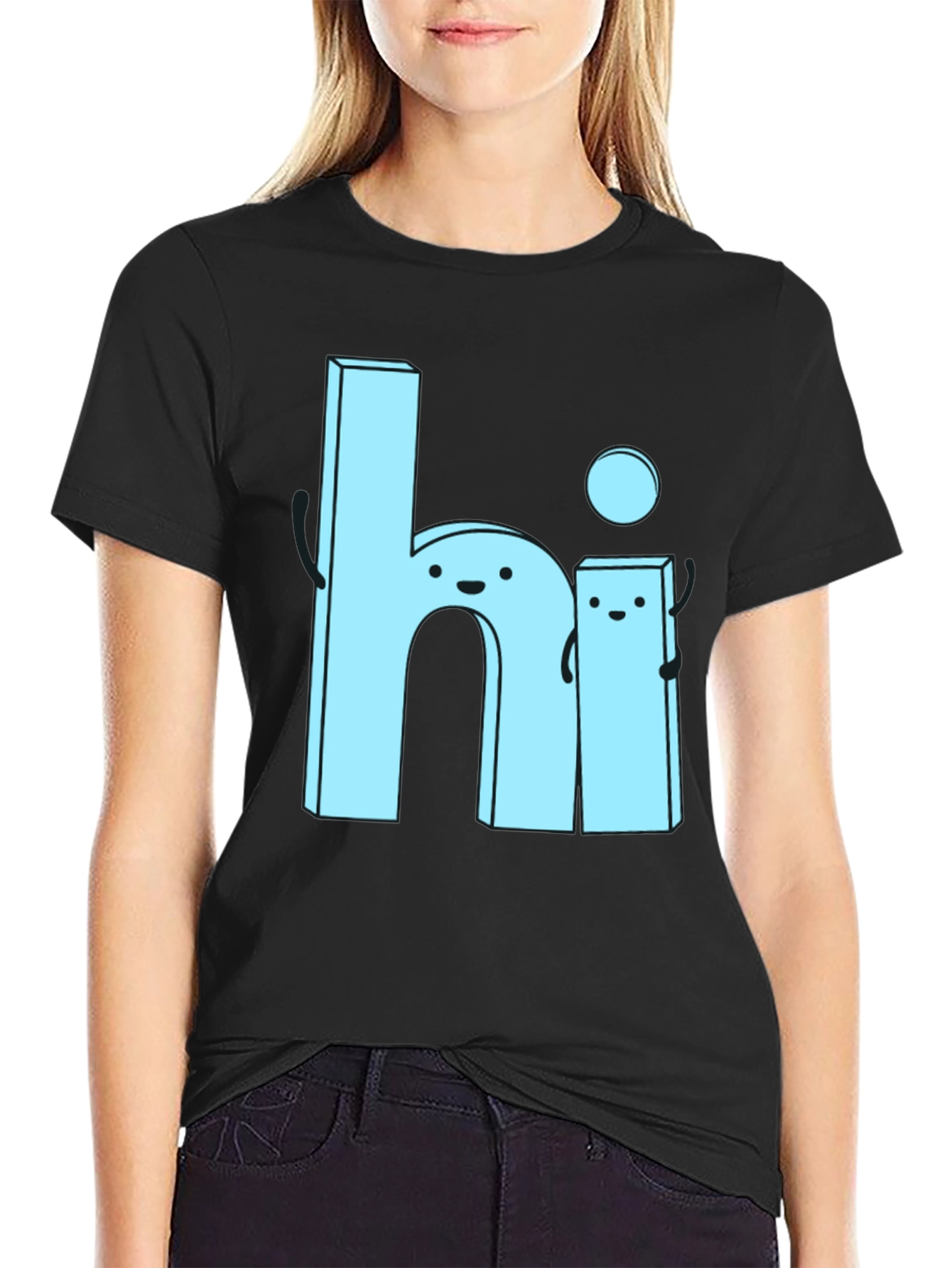 Black Cute Cartoon "Hi" Graphic Tee - Soft Black Cotton view 2