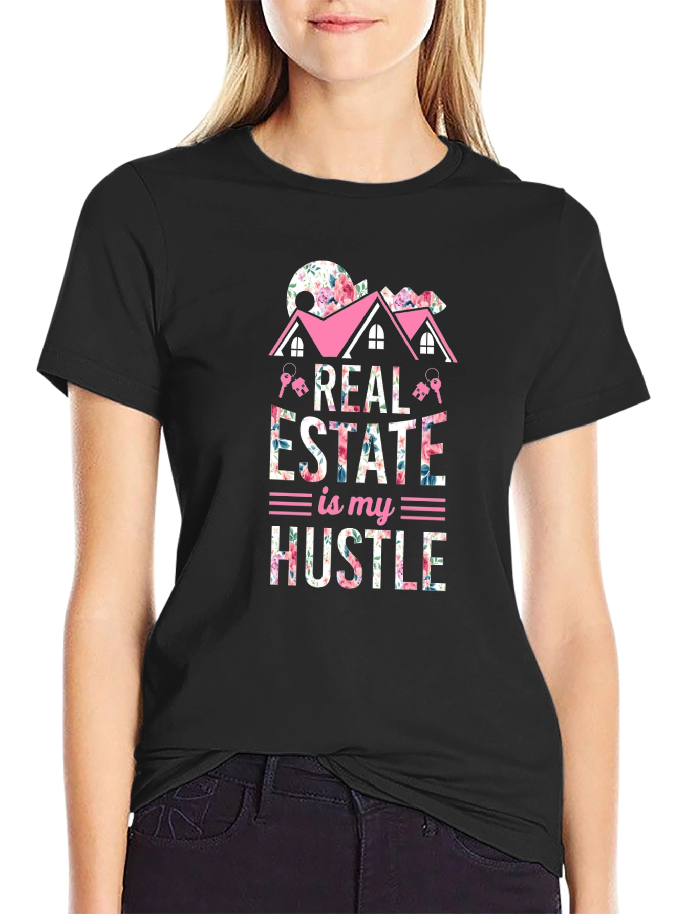 Black Real Estate Hustle Floral T-Shirt view 2