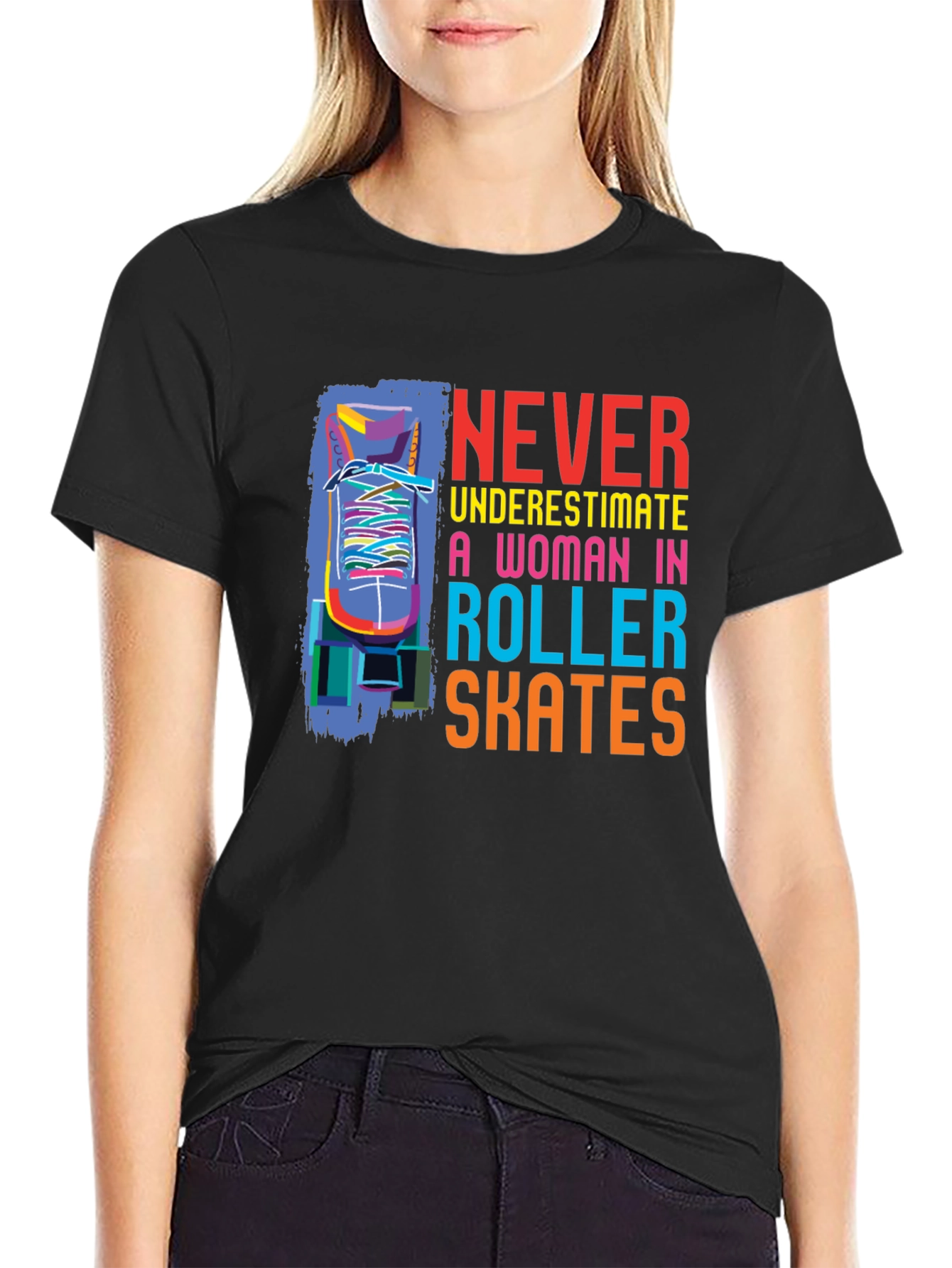 Black Never Underestimate Roller Skates T-Shirt view 2