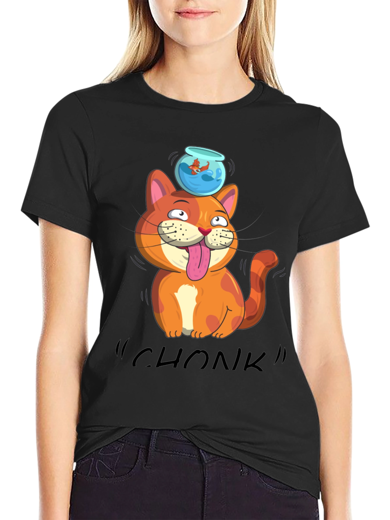 Black Chonk Cat Goldfish T-Shirt view 2
