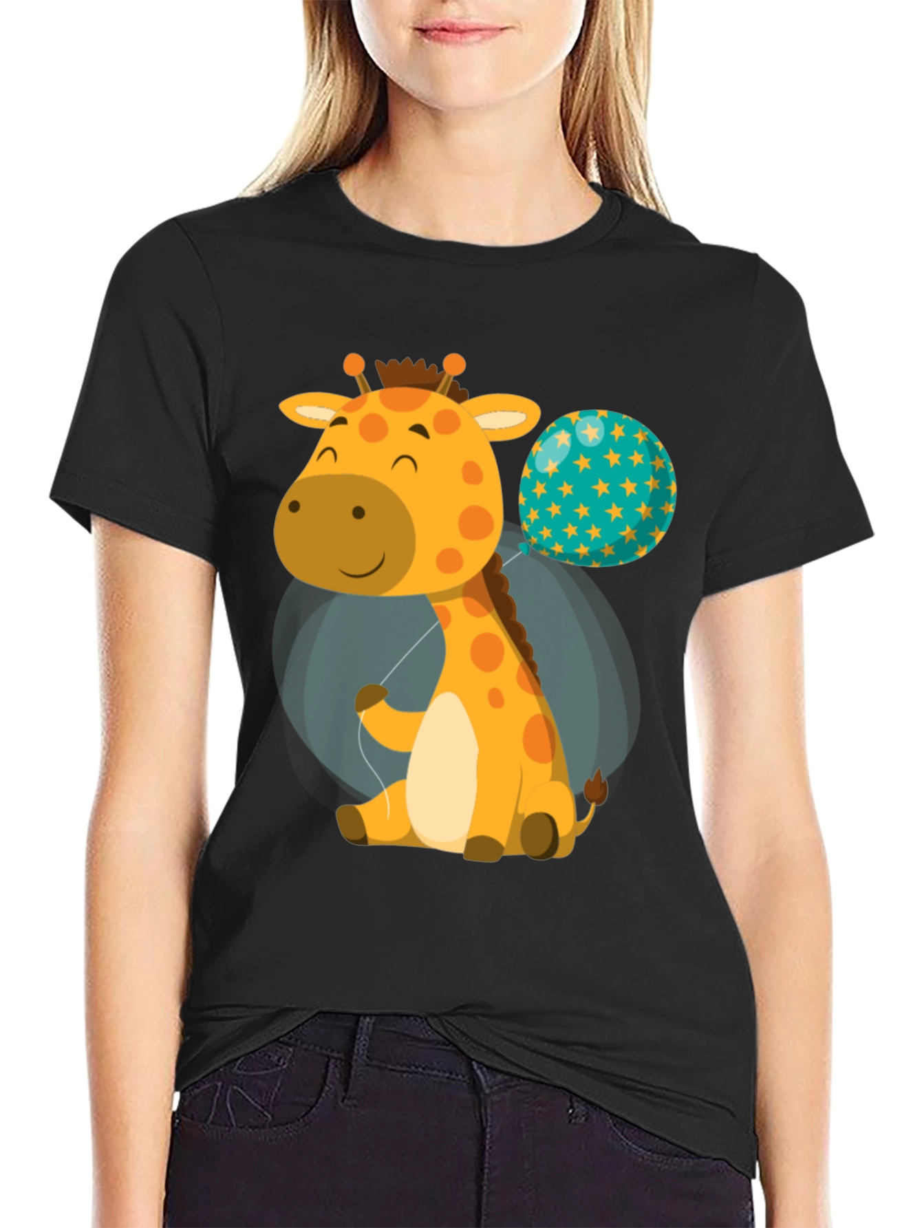 Black Cute Giraffe & Balloon Graphic T-Shirt view 2
