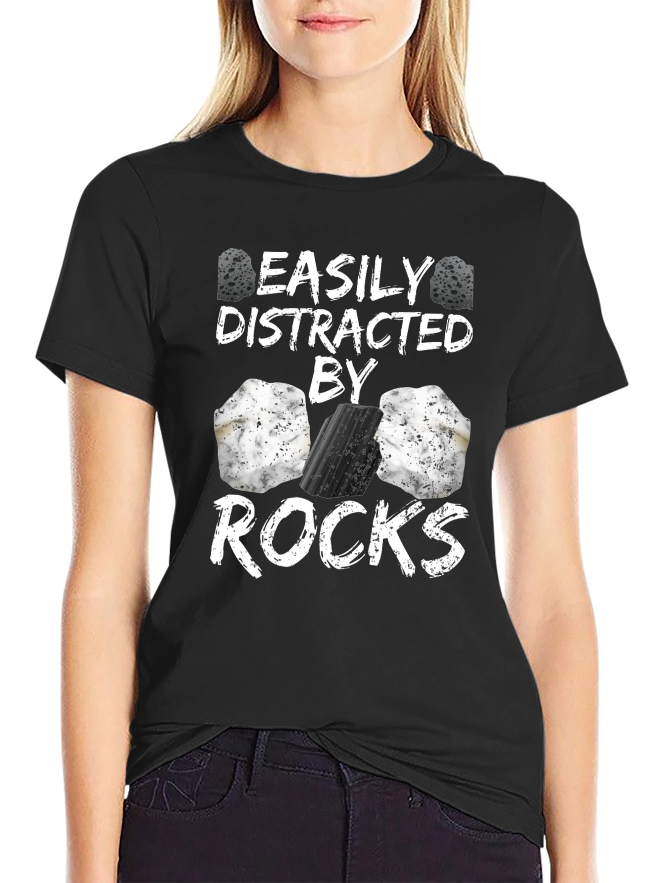 Black Easily Distracted By Rocks Funny T-Shirt view 2