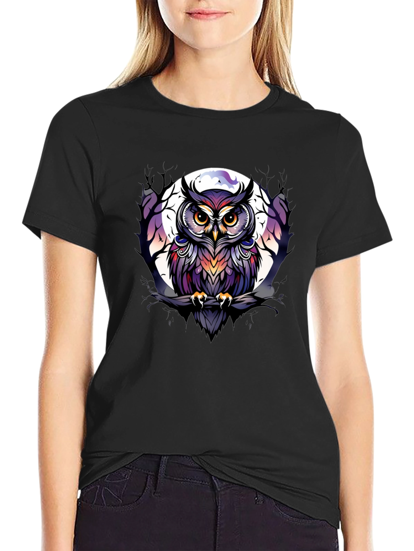 Black Owl T-Shirt: Moonlit Perch Design view 2