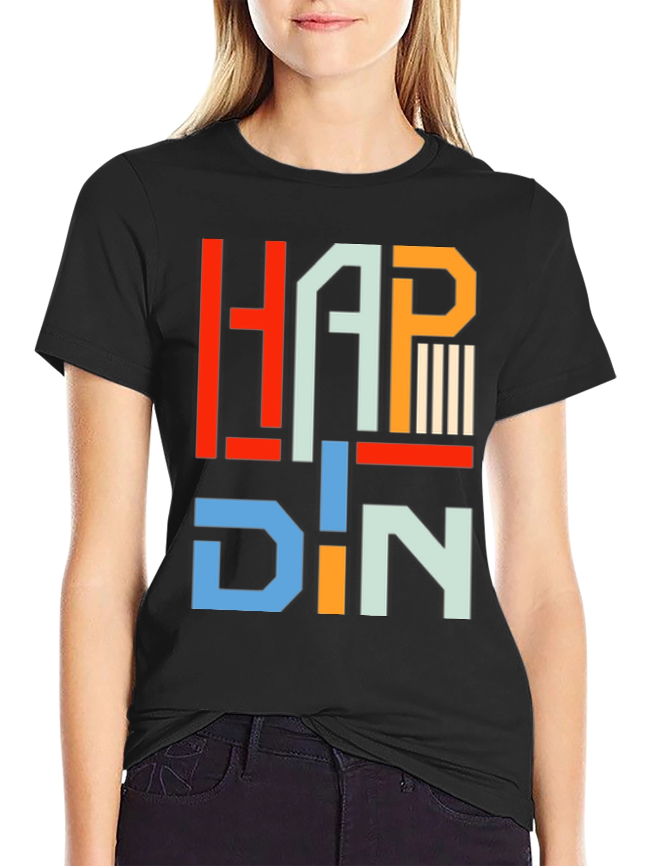 Black HAPP DIN T-Shirt - Geometric Letter Graphic Tee view 2